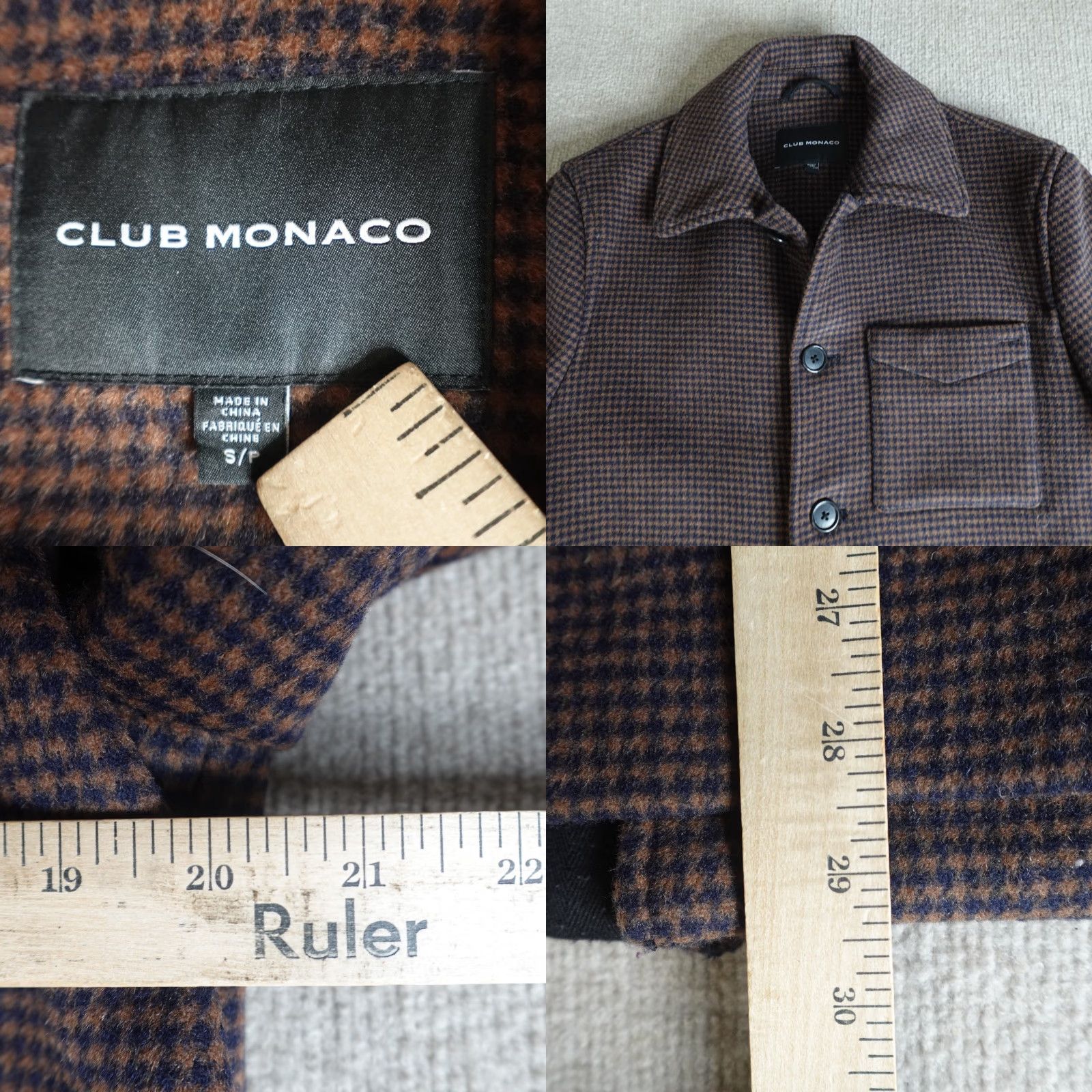 Club Monaco Club Monaco Mens Jacket S Brown Houndstooth Wool Blend Chore Coat, Button, Casual, Regular, Fall Winter Spring, Overcoat, Boardwalk Style, Mens Size US S / EU 44-46 / 1 - 8 Thumbnail