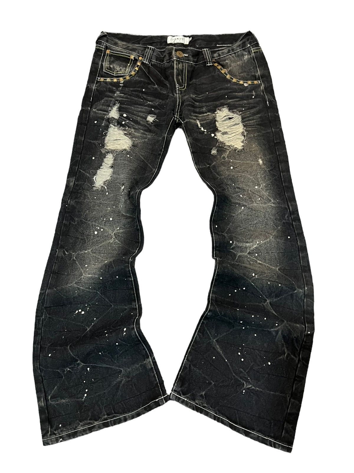 image of Beauty Beast x If Six Was Nine Beast Distress Mudwash Studded Flared Denim Jeans in Black (Size 33)