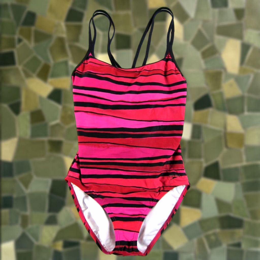 Speedo Speedo Swimsuit Women 10 Racerback One Piece Pink Black Stripe Striped Athletic Beach Sports Womens Size ONE SIZE - 1 Thumbnail