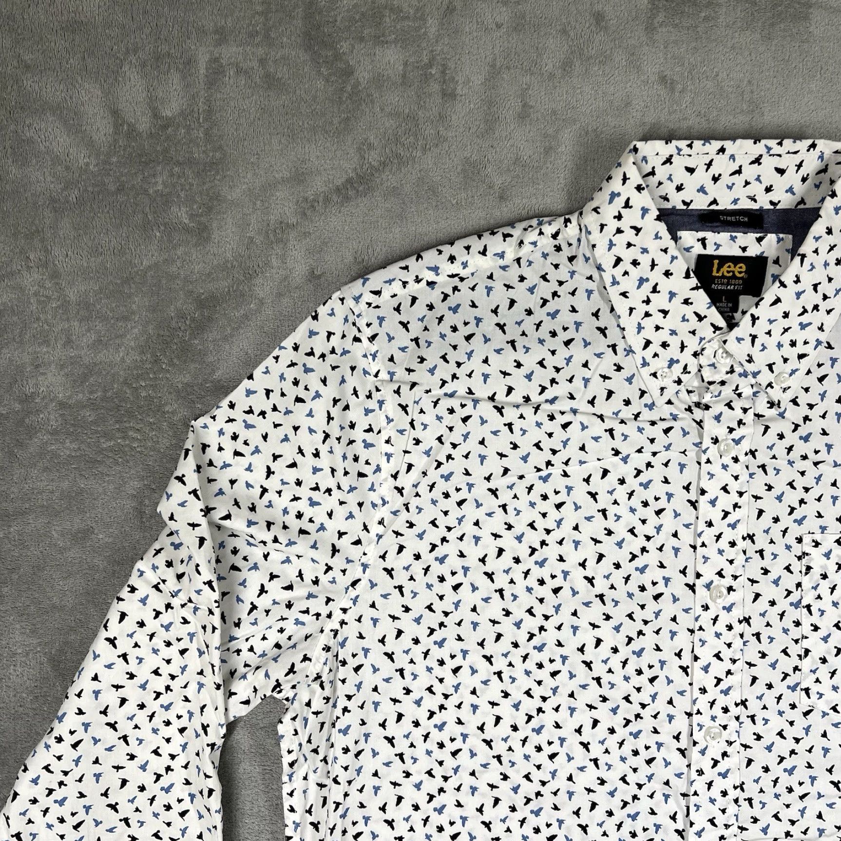 Lee Lee Stretch Regular Fit Mens Large Button-Down Long Sleeve Shirt Bird AOP Cotton White Size US L / EU 52-54 / 3 - 2 Thumbnail
