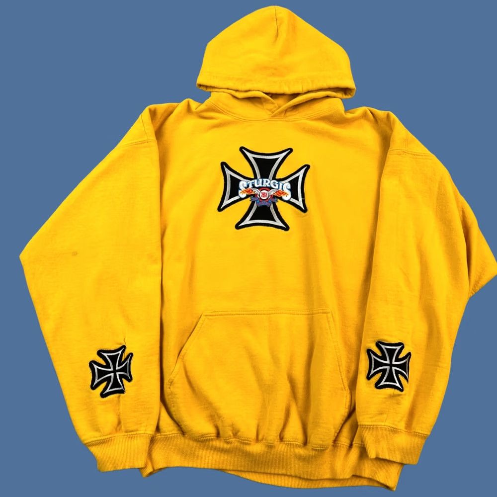 Gildan Vintage Biker Hoodie Mens XL Yellow 2004 Sturgis Iron Cross Patches Pullover Y2K Gildan Size US XL / EU 56 / 4 - 1 Thumbnail