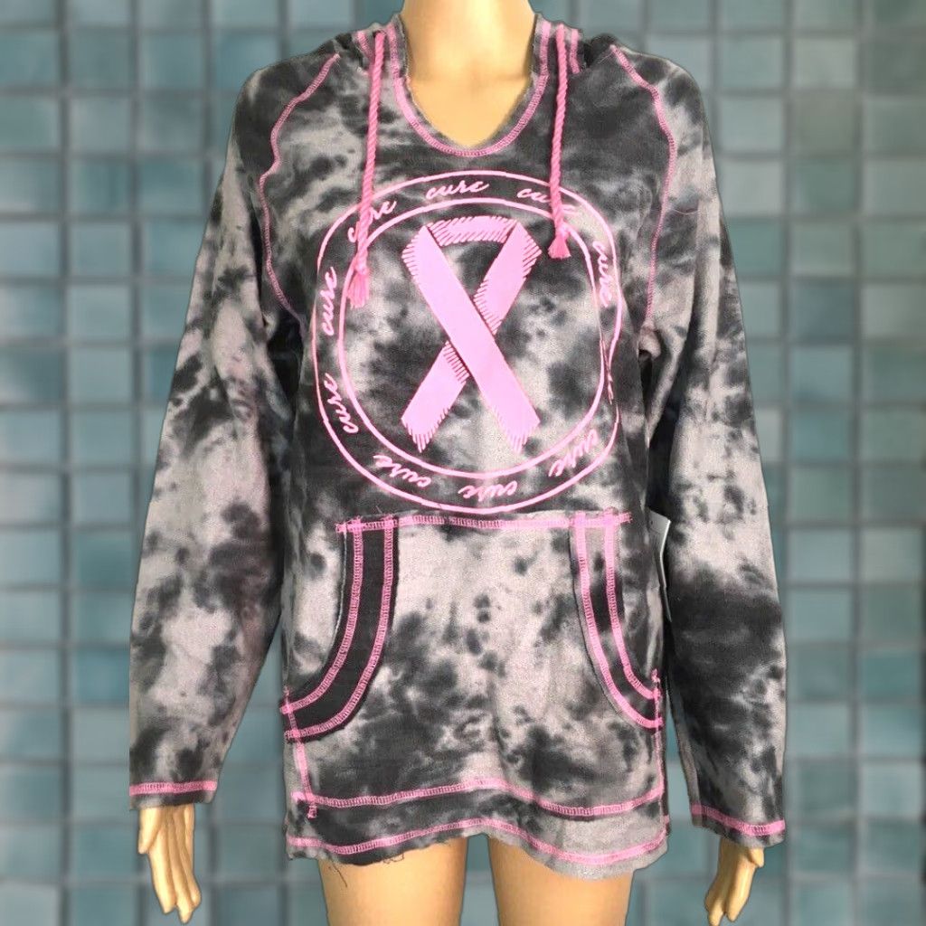 Olive Live Breathe Fight Womens Hoodie S Gray Tie Dye Pink Ribbon Cancer Awareness Size S / US 4 / IT 40 - 1 Thumbnail