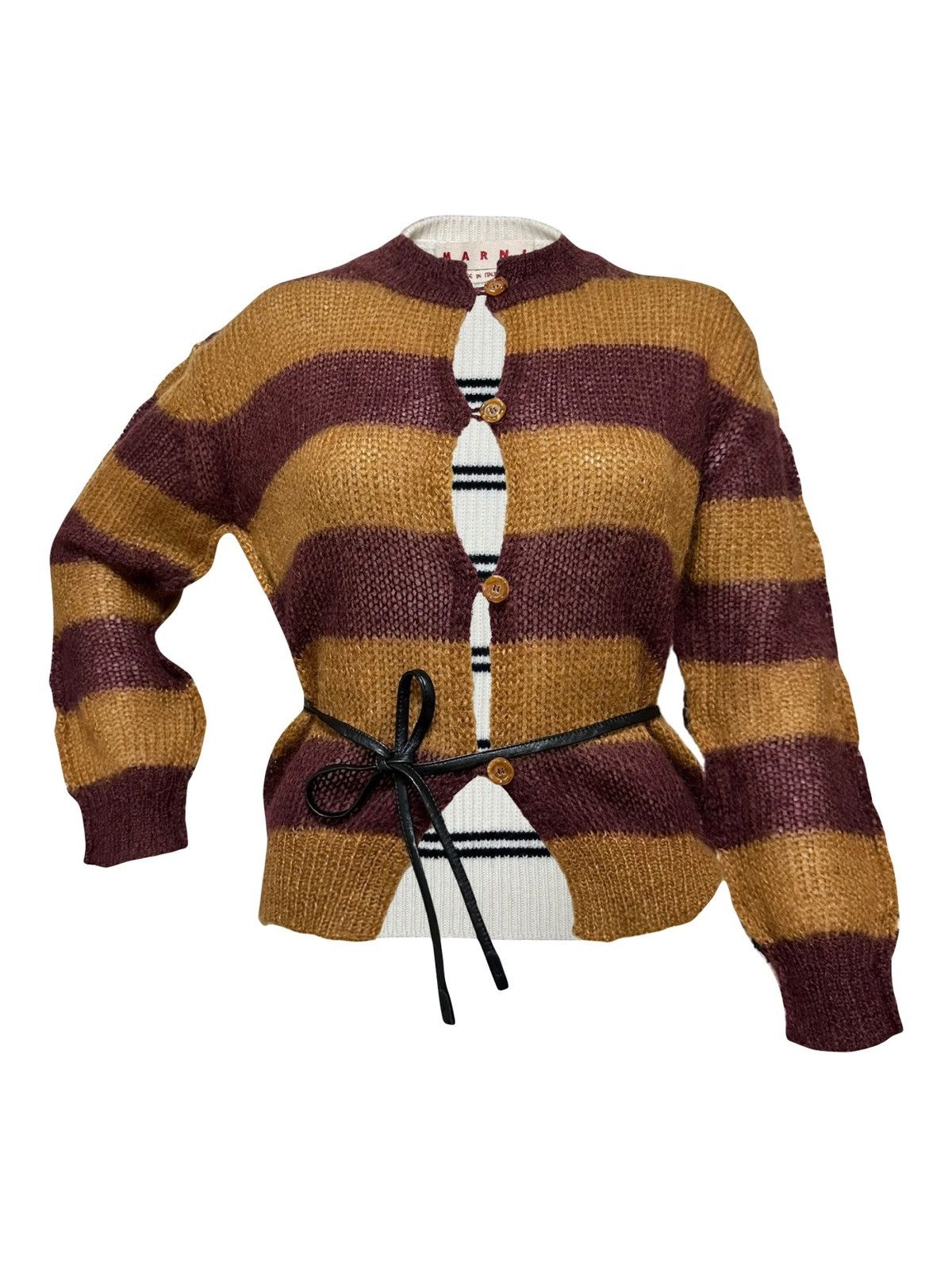 image of Marni Pre Fall 2021 Belted Striped Knit Cardigan in Brown, Women's (Size XS)