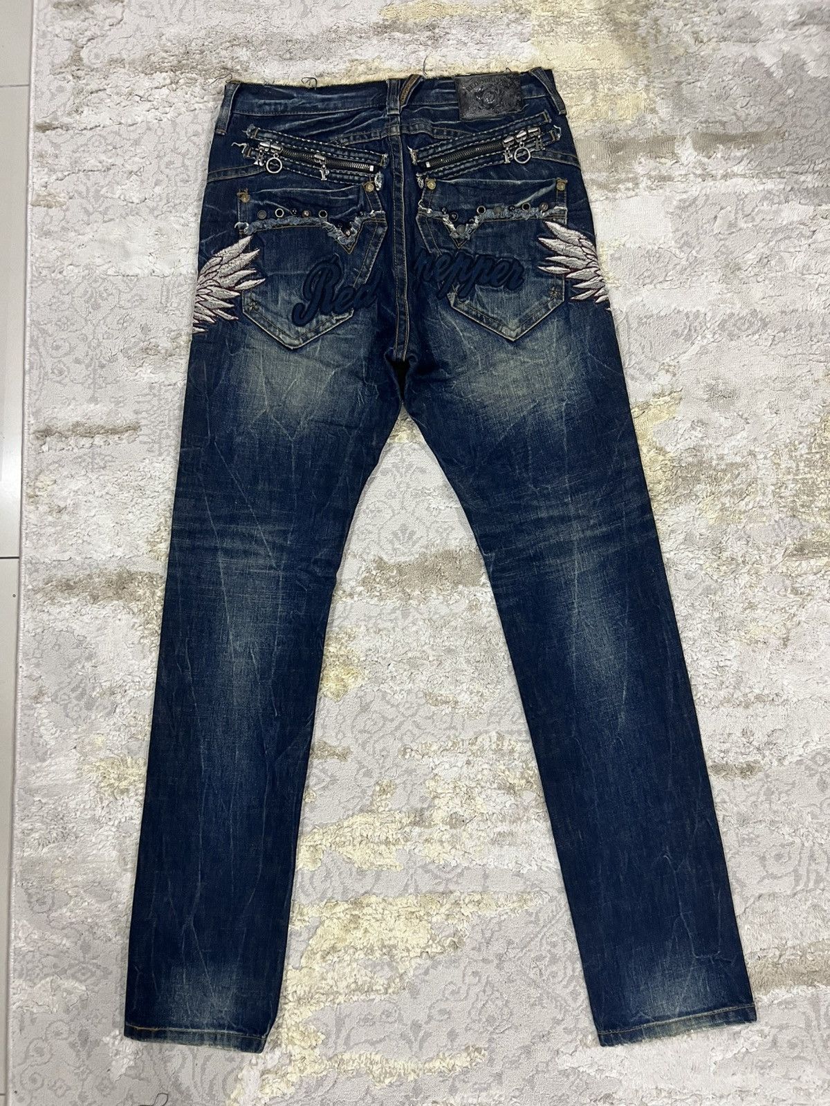 If Six Was Nine Y2K Red Pepper Embroidery Wing Studded Fade Wash Jeans Denim Size US 30 / EU 46 - 2 Thumbnail