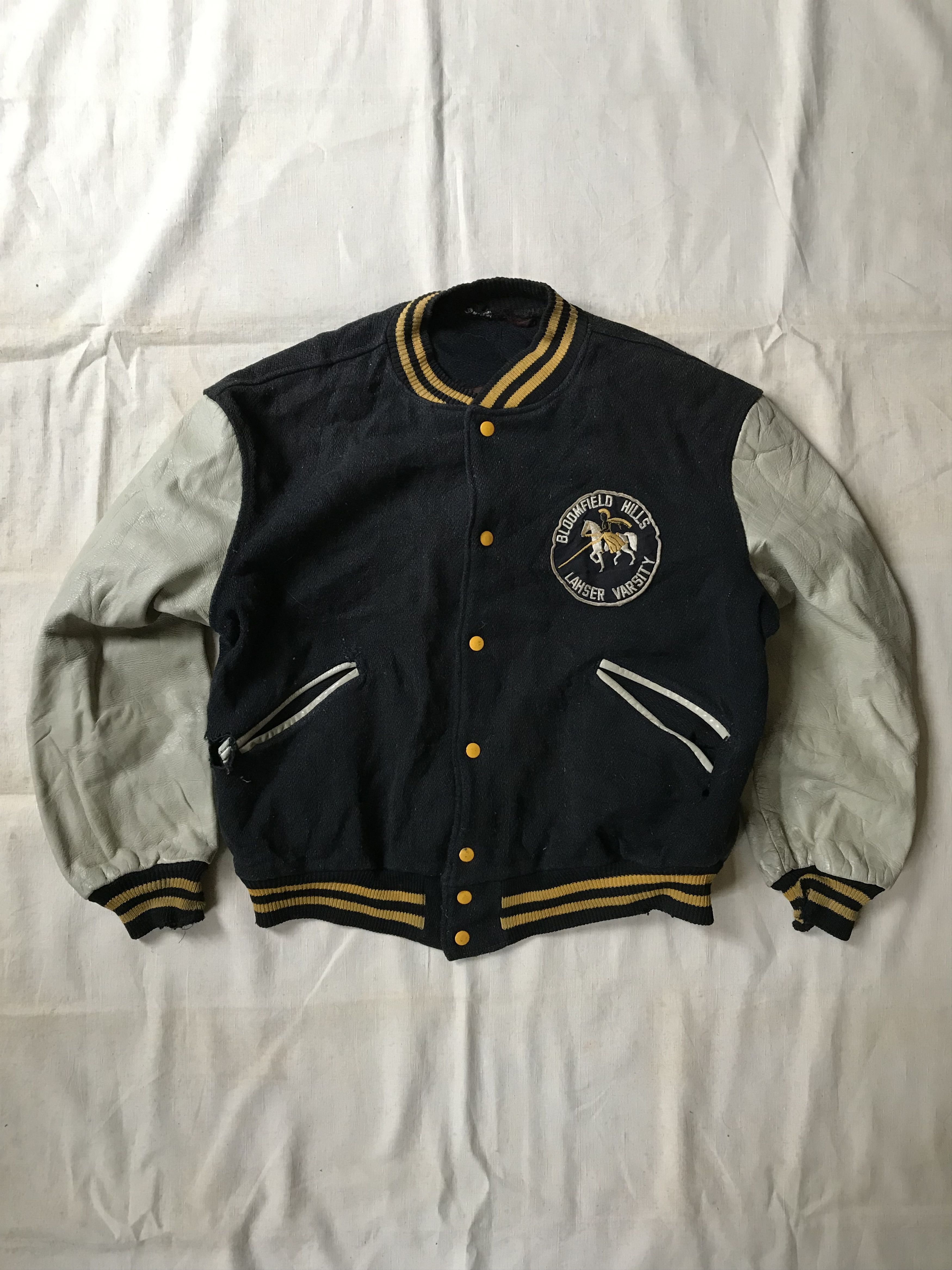 image of Made In USA x Varsity Thrashed Vintage Butwin Bloomfield Hills Varsity Jacket in Anthracite (Size L