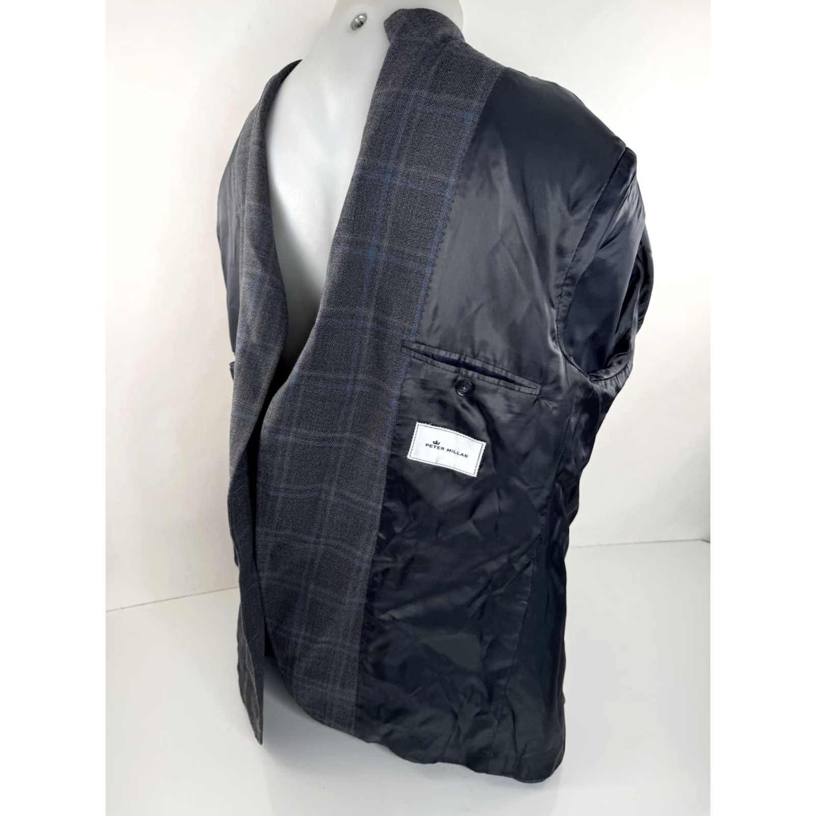 Peter Millar PETER MILLAR Blazer Wool Windowpane Plaid Mens 46 R Gray & Blue JL EXCELLENT Size 46R - 7 Thumbnail