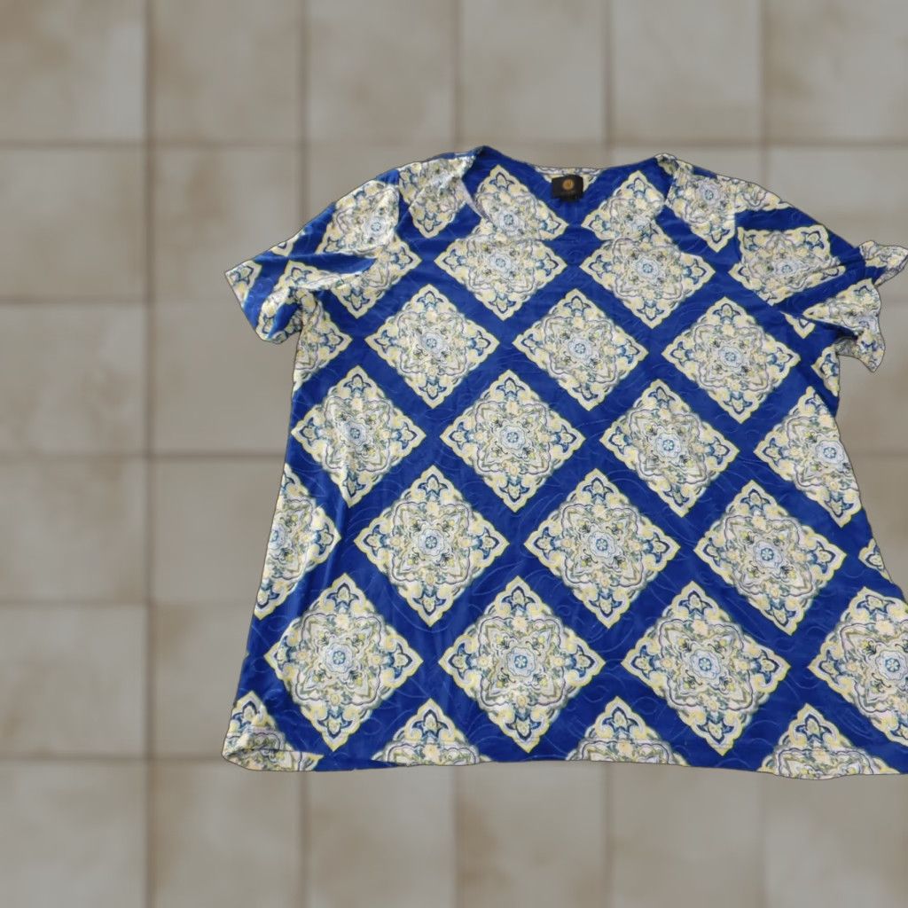 JM Collection JM Collection Blouse 2X Womens Blue Geometric Floral Stretch Knit Crew Neck Pullover Casual Shirt Top Polyester Plus Size Obvious Designer Style Size XXL / US 16-18 / IT 52-54 - 1 Thumbnail
