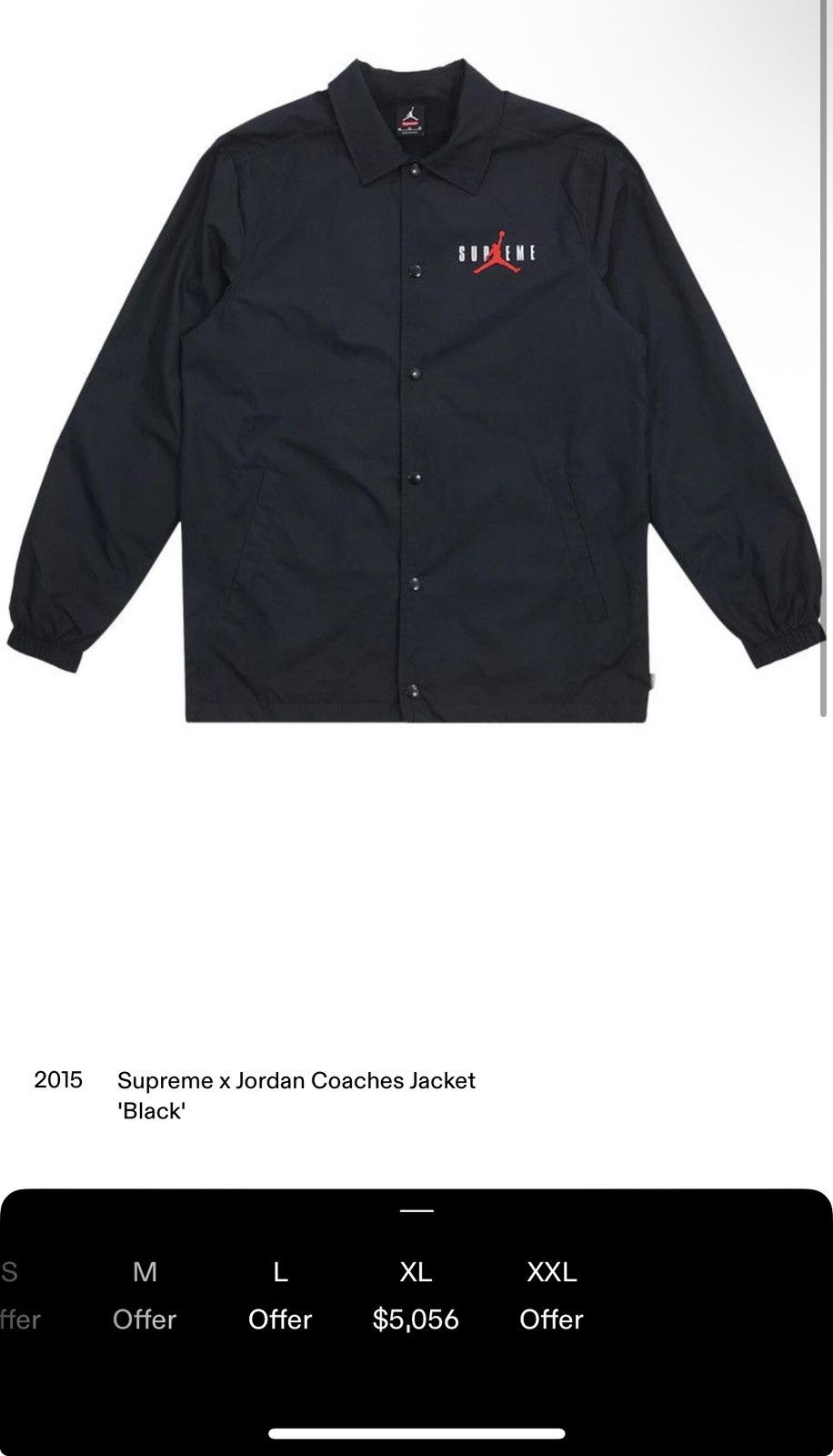 Jordan Brand × Supreme 2015 Supreme x Jordan Coaches Jacket ‘Black’ Size US XL / EU 56 / 4 - 8 Thumbnail