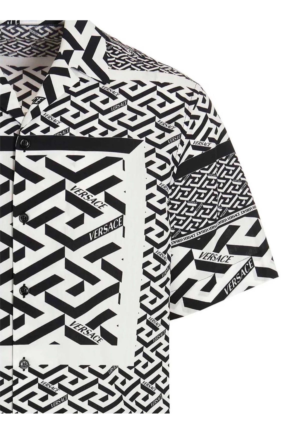 image of Versace Greca-Print Short-Sleeved Shirt in Black/White, Men's (Size Small)