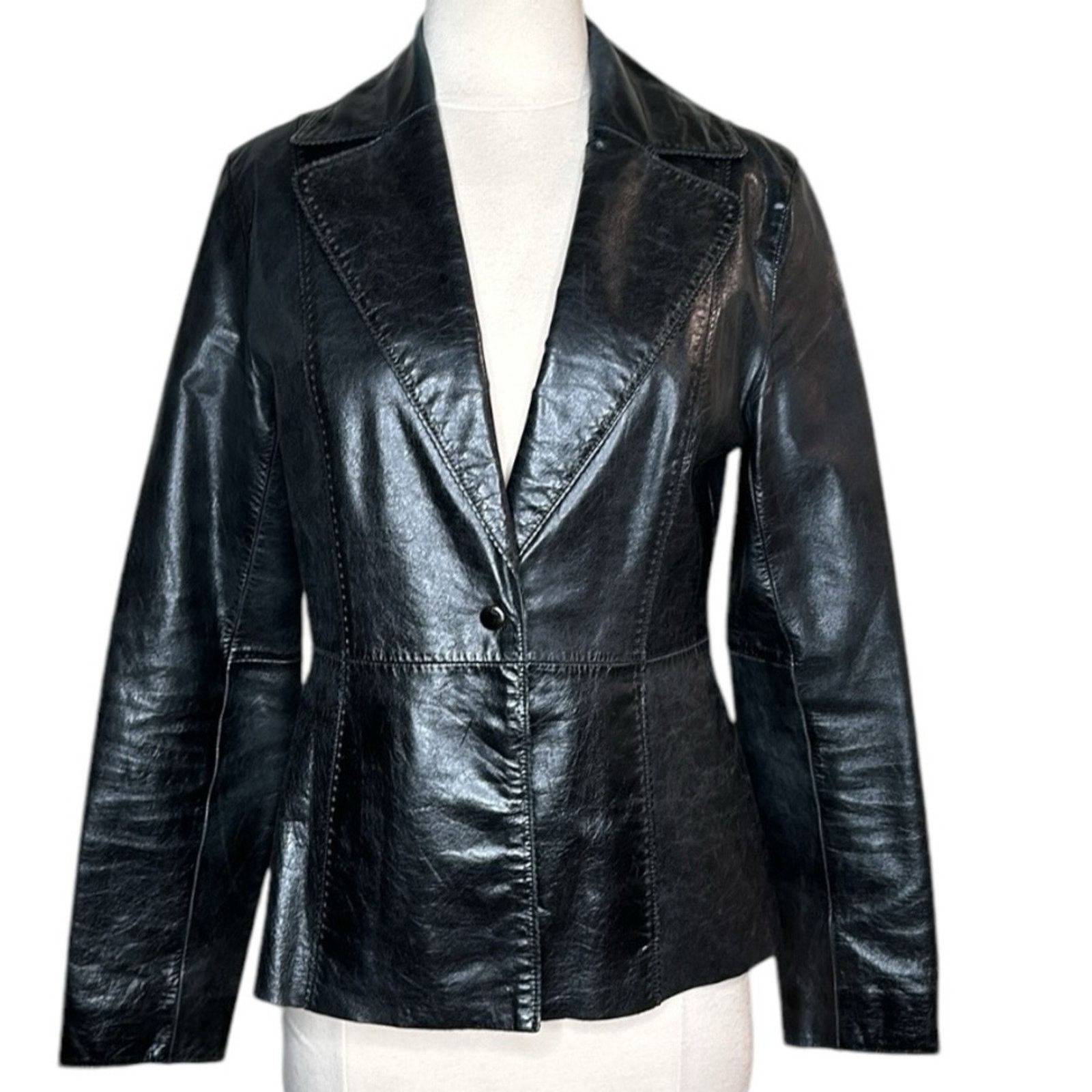 Guess × Leather × Vintage VTG Y2K Guess Leather Blazer Jacker Black MED Scalloped Seam Size M / US 6-8 / IT 42-44 - 1 Thumbnail