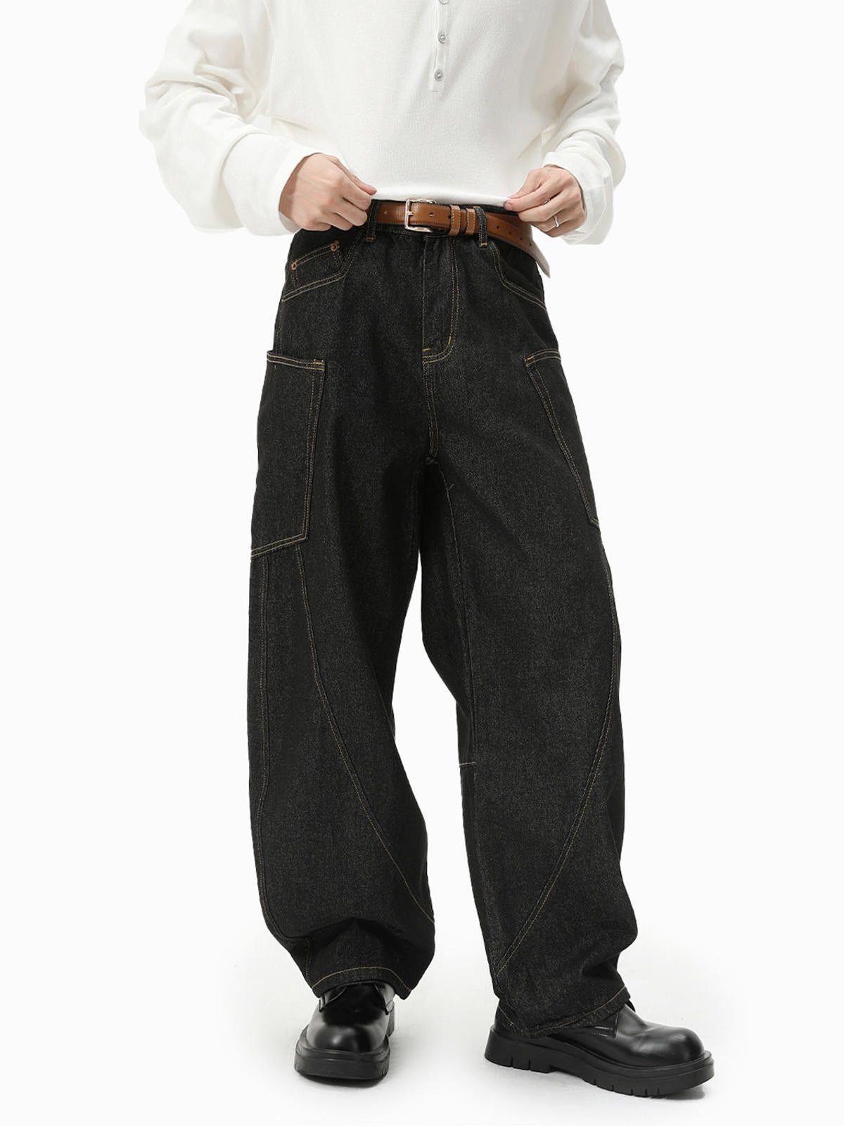 Japanese Brand Black Baggy Wide Leg Denim Jeans, Men's Loose Fit Jeans Size US 30 / EU 46 - 2 Thumbnail
