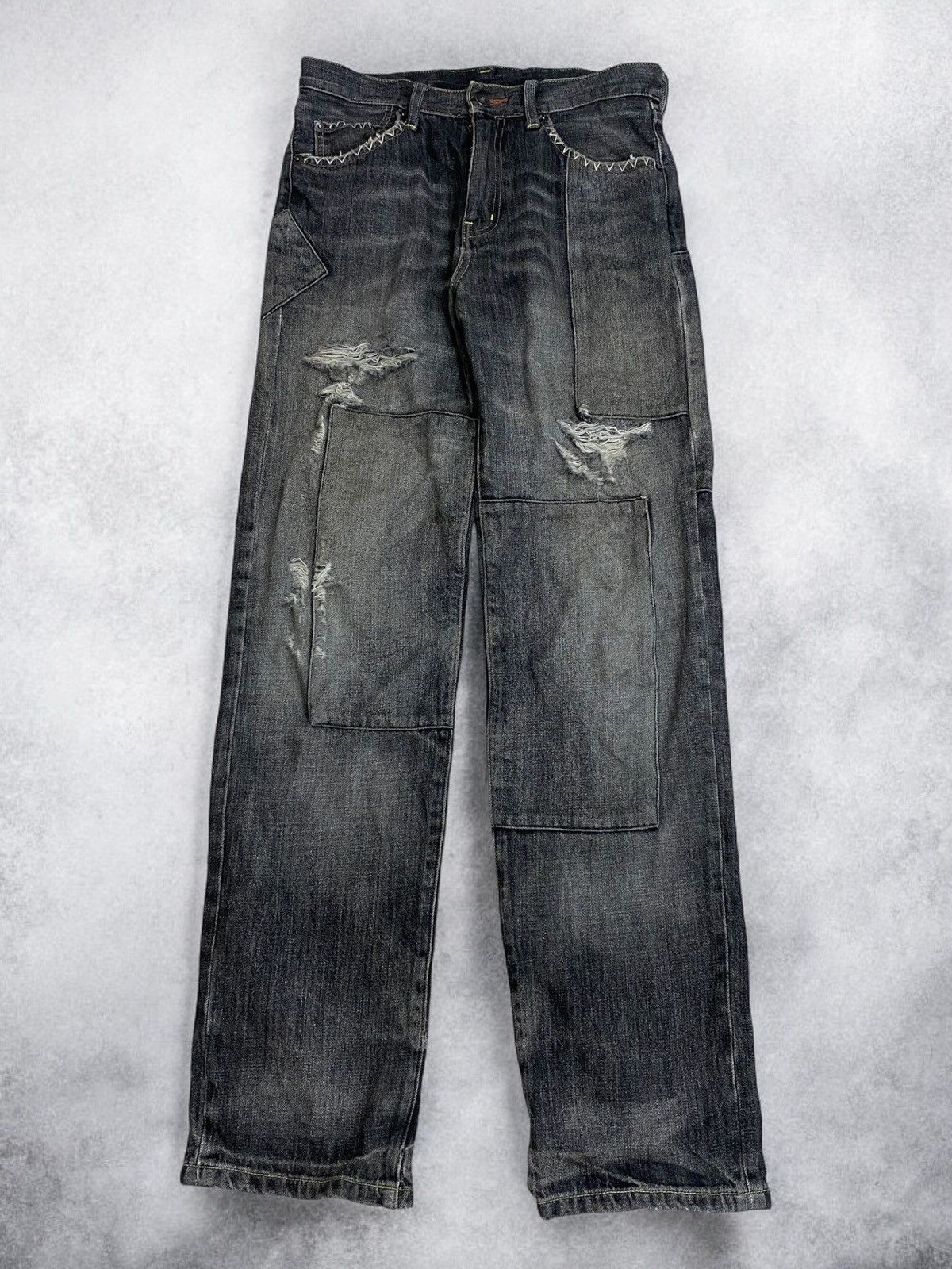 If Six Was Nine × Japanese Brand × Le Grande Bleu (L.G.B.) Uniqlo Edition Custom Patchwork Black Stone Washed Distress Size US 28 / EU 44 - 1 Thumbnail