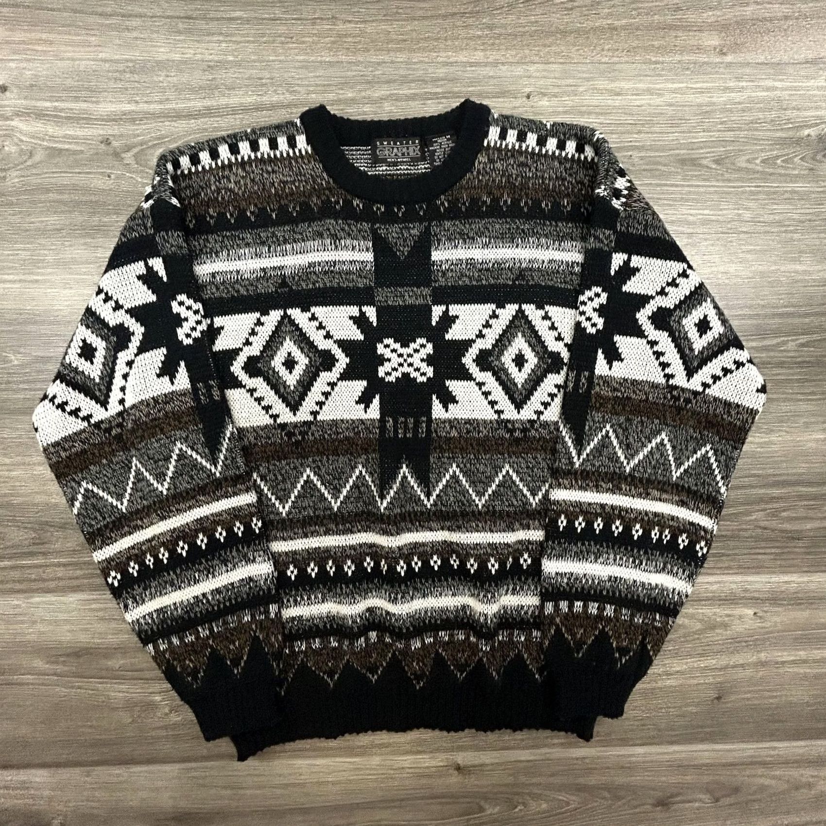 Vintage VINTAGE Graphix Sweater Mens Medium Black Brown Aztec Geometric Knit Crewneck Pullover Size US M / EU 48-50 / 2 - 2 Thumbnail