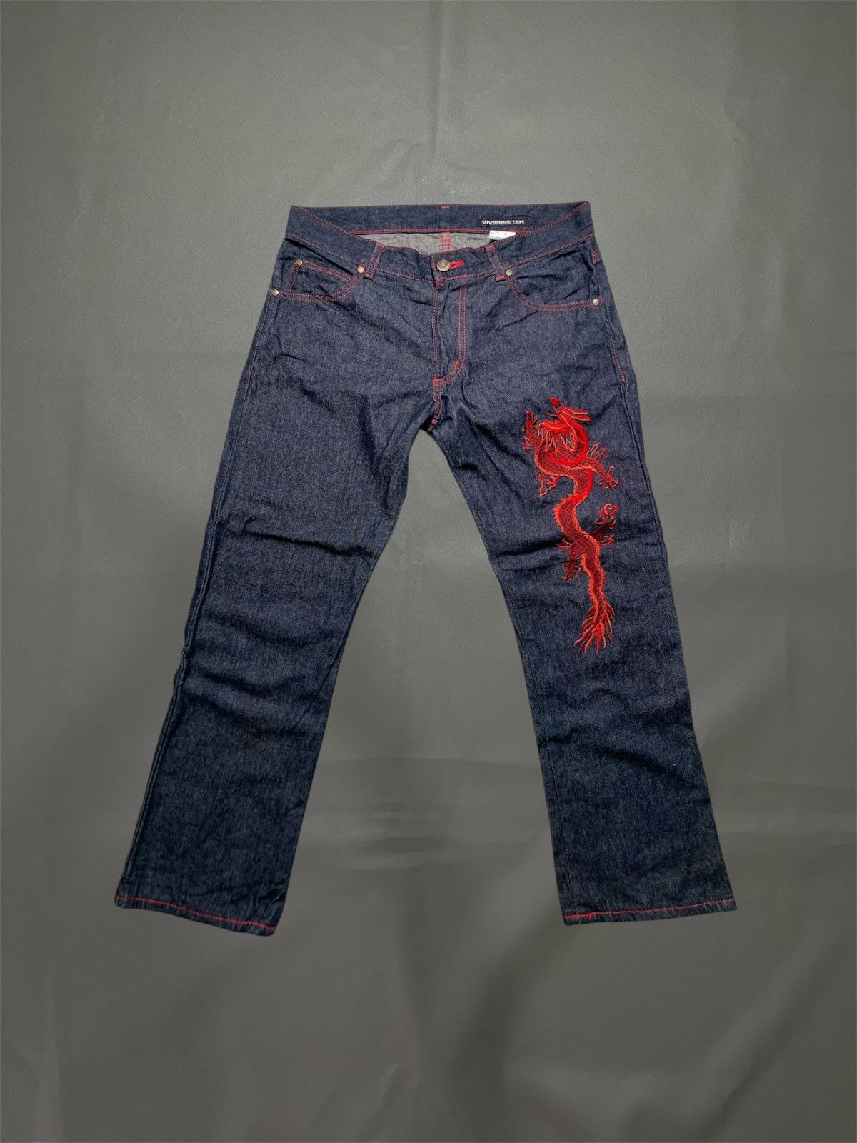Japanese Brand × Le Grande Bleu (L.G.B.) × Vivienne Tam Vintage Vivienne Tam Dragon embroidered denim pants Size 31" - 1 Thumbnail