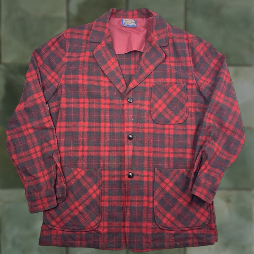 VINTAGE Pendleton Blazer Shirt Men M Red Plaid USA 80s 90s Pockets Wool Button Casual Business