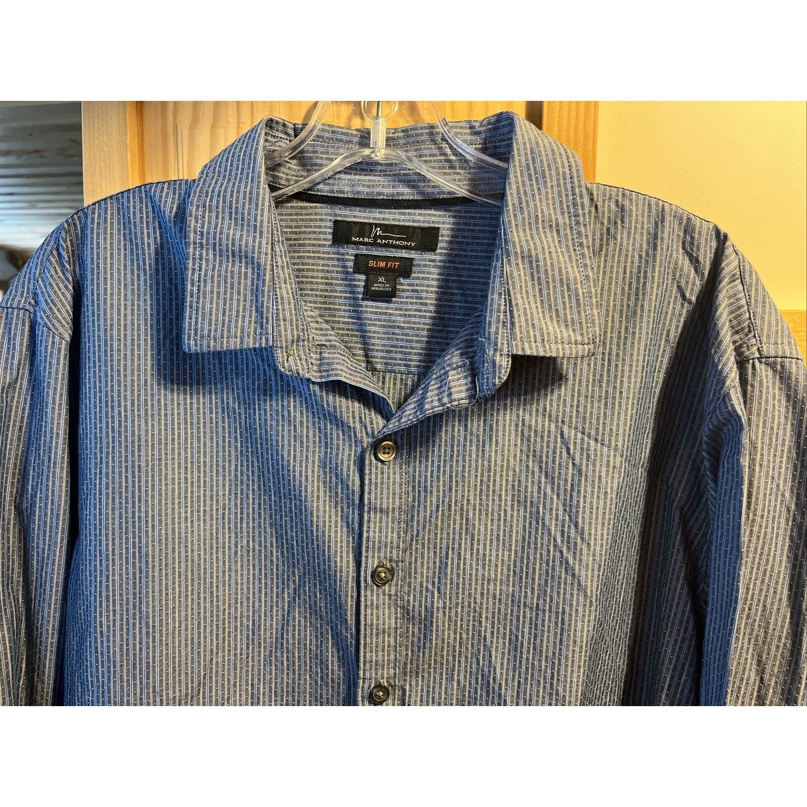 Marc Anthony Marc Anthony Men XL Blue Stripe Button Cotton Slim Fit Shirt Size US XL / EU 56 / 4 - 5 Thumbnail