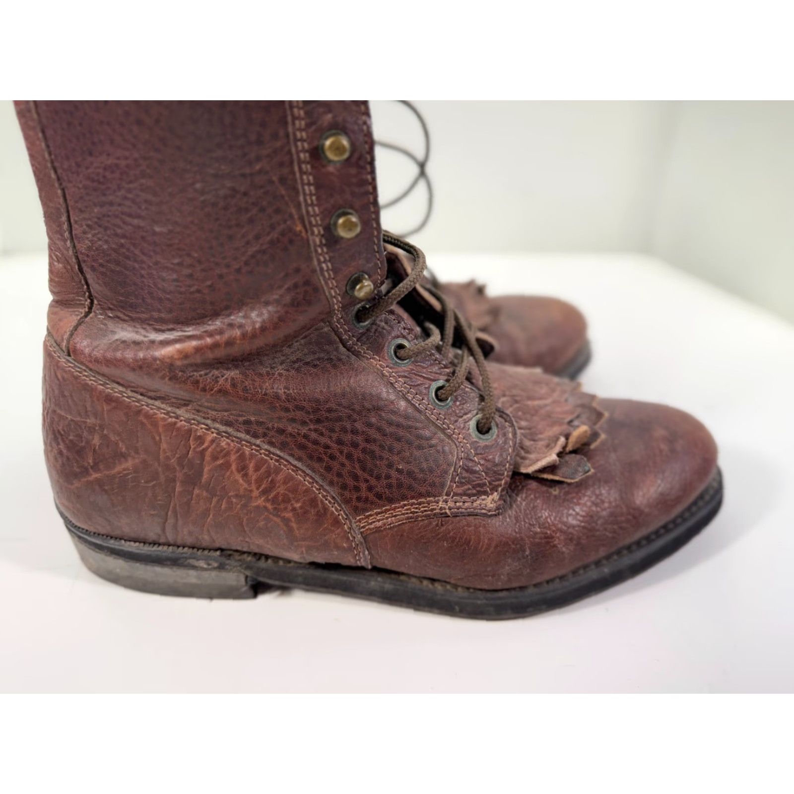 Vintage Boulet Western Boots Mens 9 Brown Leather Lace-Up Cowboy Almond Toe Mid-Calf Shaft Style Western Theme Cowboy, Workwear, Comfort, Casual Men Boots Size US 9 / EU 42 - 7 Thumbnail