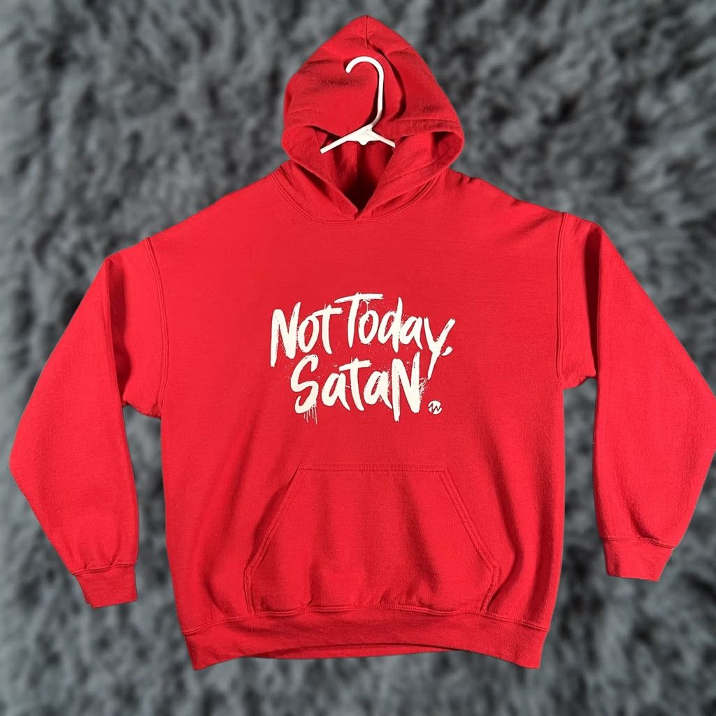 Gildan Not Today Satan Hoodie Mens Large Red GOD FAITH Christian Pullover Y2K Funny Size US L / EU 52-54 / 3 - 1 Thumbnail