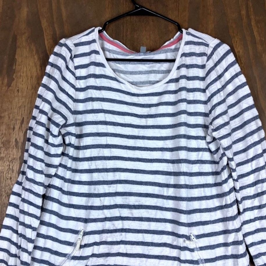 Talbots Talbots Women Shirt White Navy Stripe Long Sleeve Round Neck Zip Pocket LP Size L / US 10 / IT 46 - 2 Thumbnail