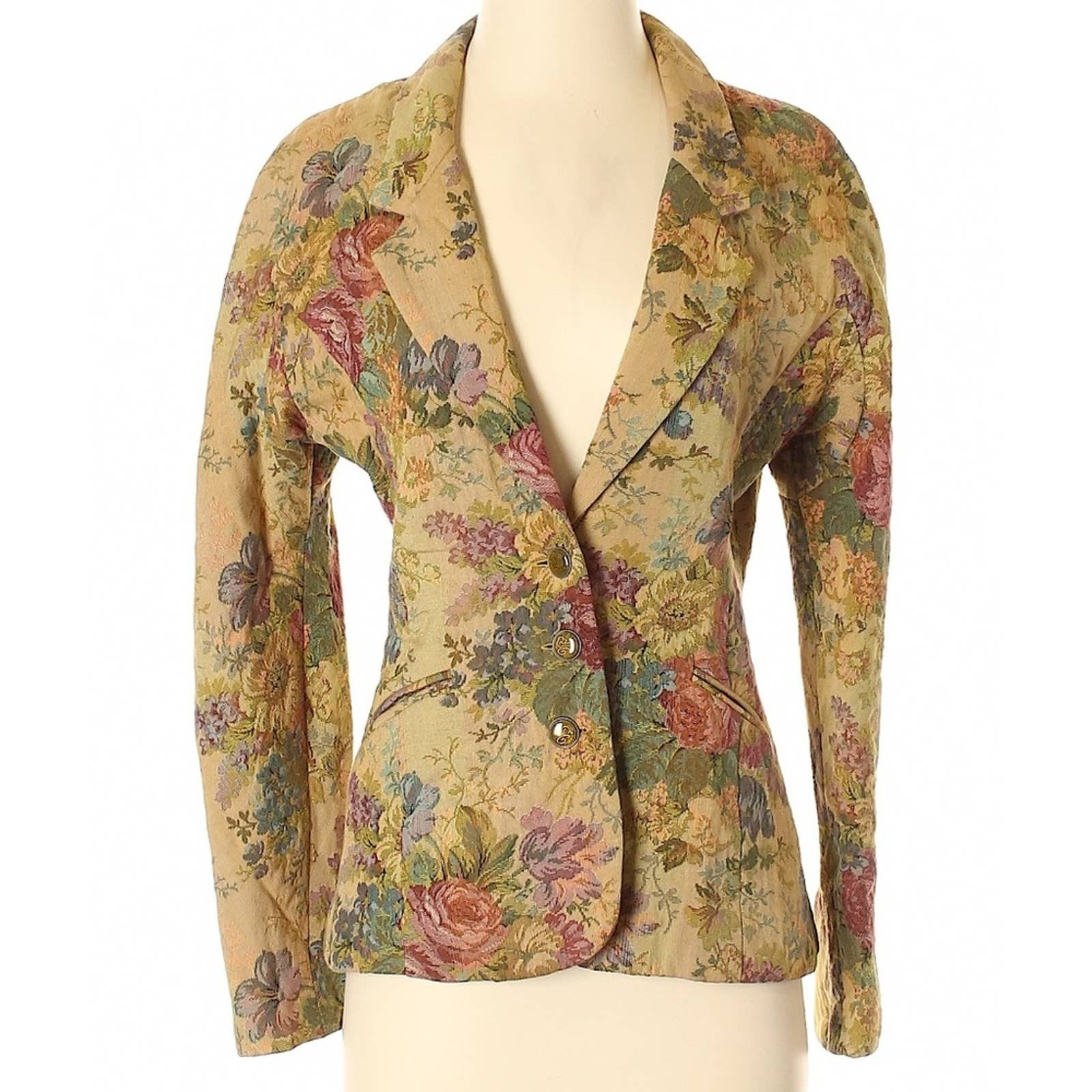 image of Vintage Bergdorf Goodman 1960's Retro Floral Print Blazer in Tan, Women's (Size Small)