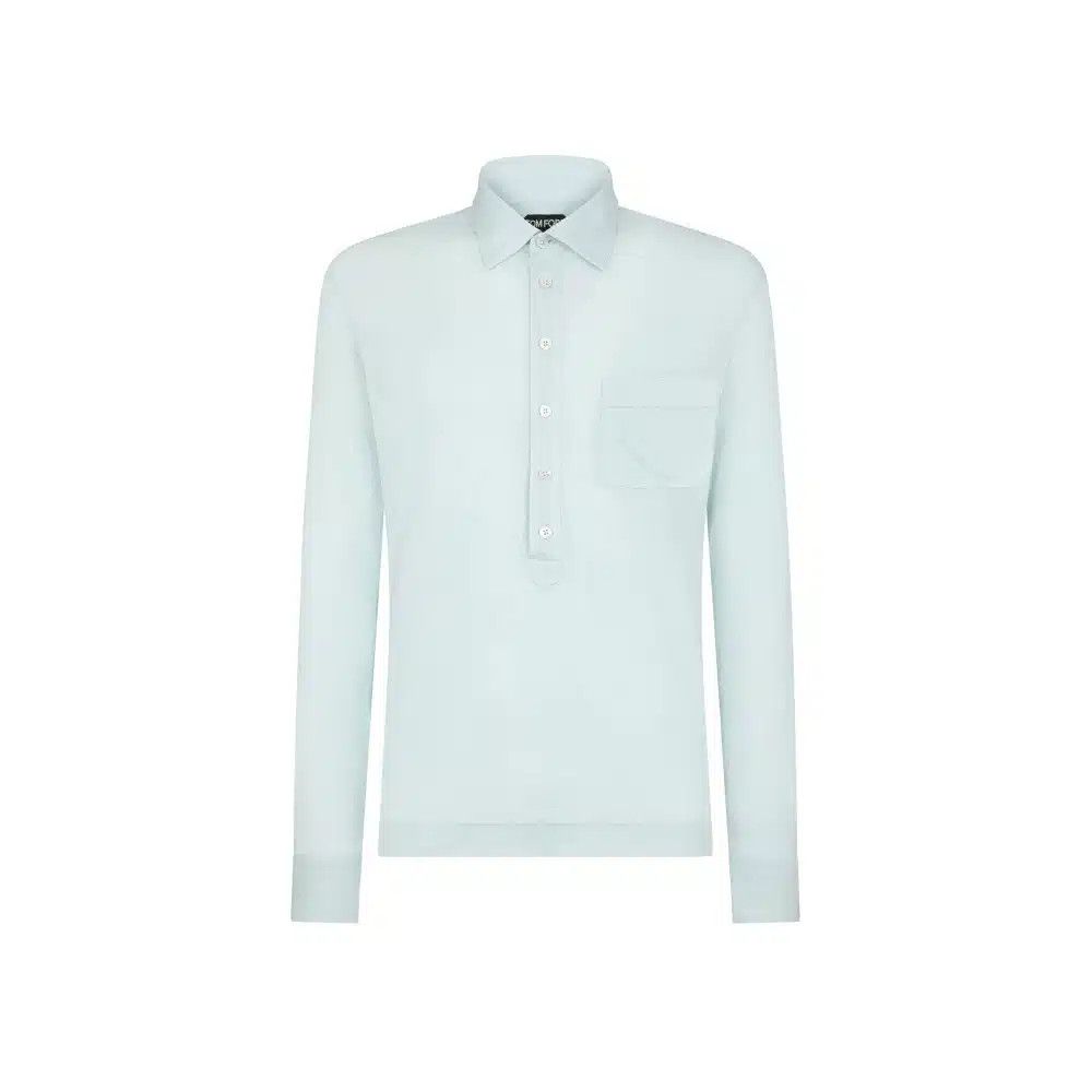 Tom Ford o1sndg0526 JPL010 Ribbed Silk Polo Shirt in Light Blue Size US M / EU 48-50 / 2 - 1 Thumbnail