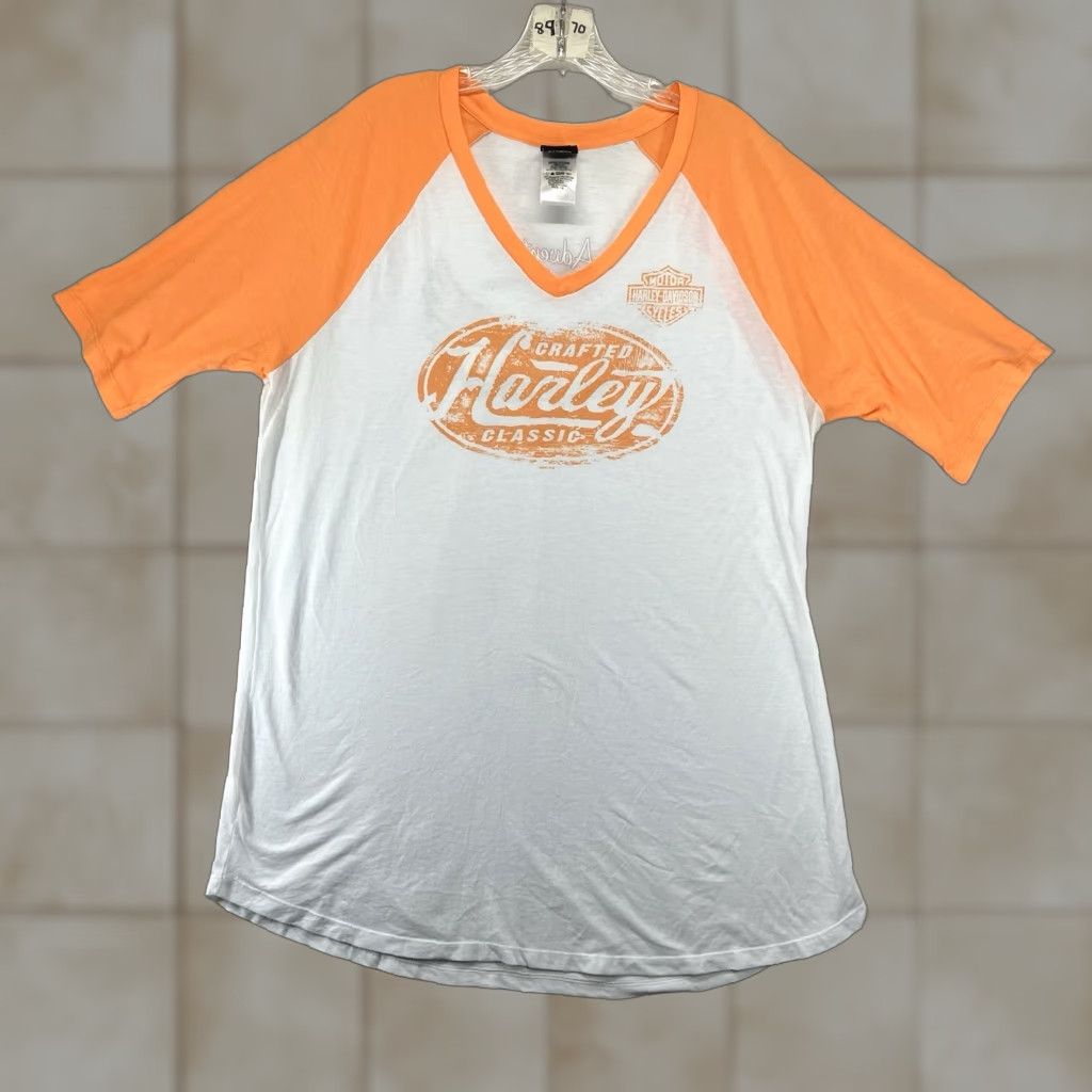Harley Davidson Harley-Davidson Women's 1X Colorblock T-Shirt Creamsicle Retro Raglan Sleeve V-Neck Biker Motorcycle Size XL / US 12-14 / IT 48-50 - 1 Thumbnail