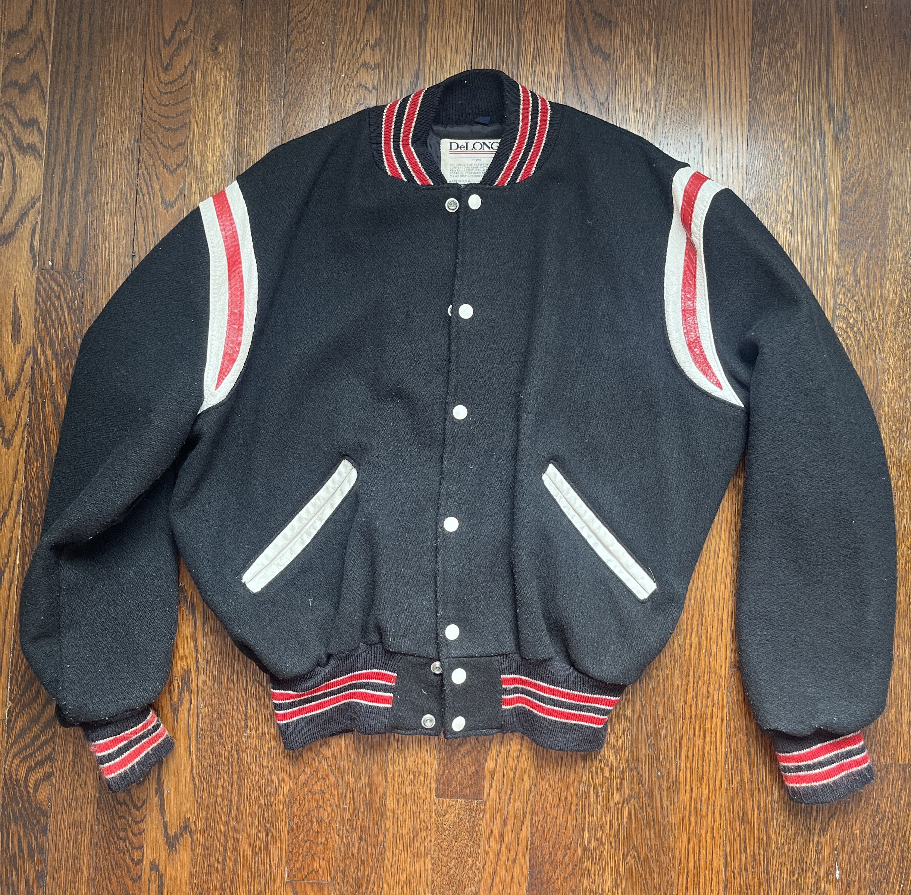 image of Delong x Delong Varsity Jackets Vintage Teddy Varsity Letterman Jacket in Black Red White (Size Lar