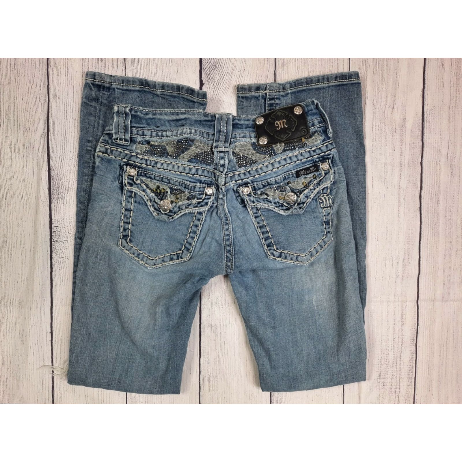 Miss Me Miss Me Jeans Boot Cut 26 Blue Light Wash Distressed Stretch Denim JE5801B2 Size 26" / US 2 / IT 38 - 2 Thumbnail