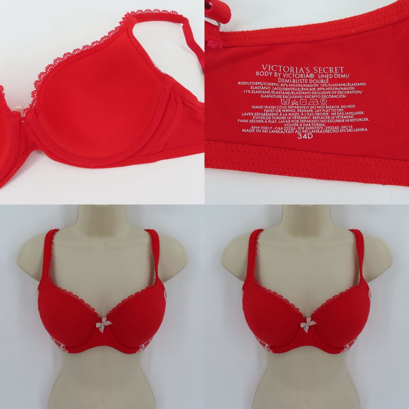 Victoria's Secret Victoria's Secret Body by Victoria Lined Demi Bra 34D Red Lace Trim Bow Underwire T-Shirt Cup D Women Size ONE SIZE - 9 Thumbnail