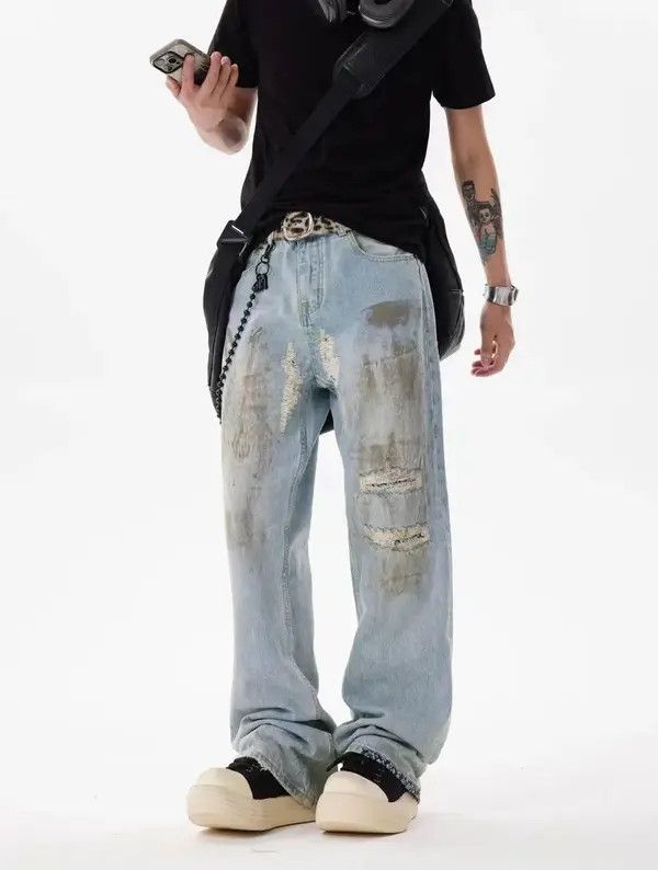 Japanese Brand VIBE Baggy Cashew Patch One Knee Ripped Dirty Jeans Size US 34 / EU 50 - 7 Thumbnail