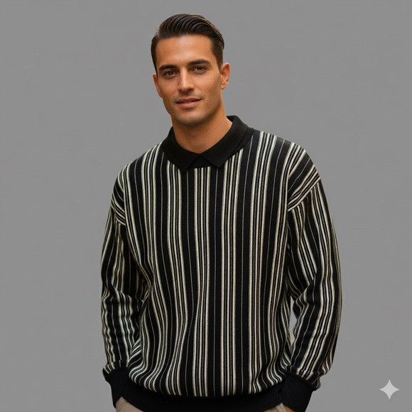 Versace Vintage Versus Versace B&W Striped Wool Pullover Sweater Size US M / EU 48-50 / 2 - 1 Thumbnail