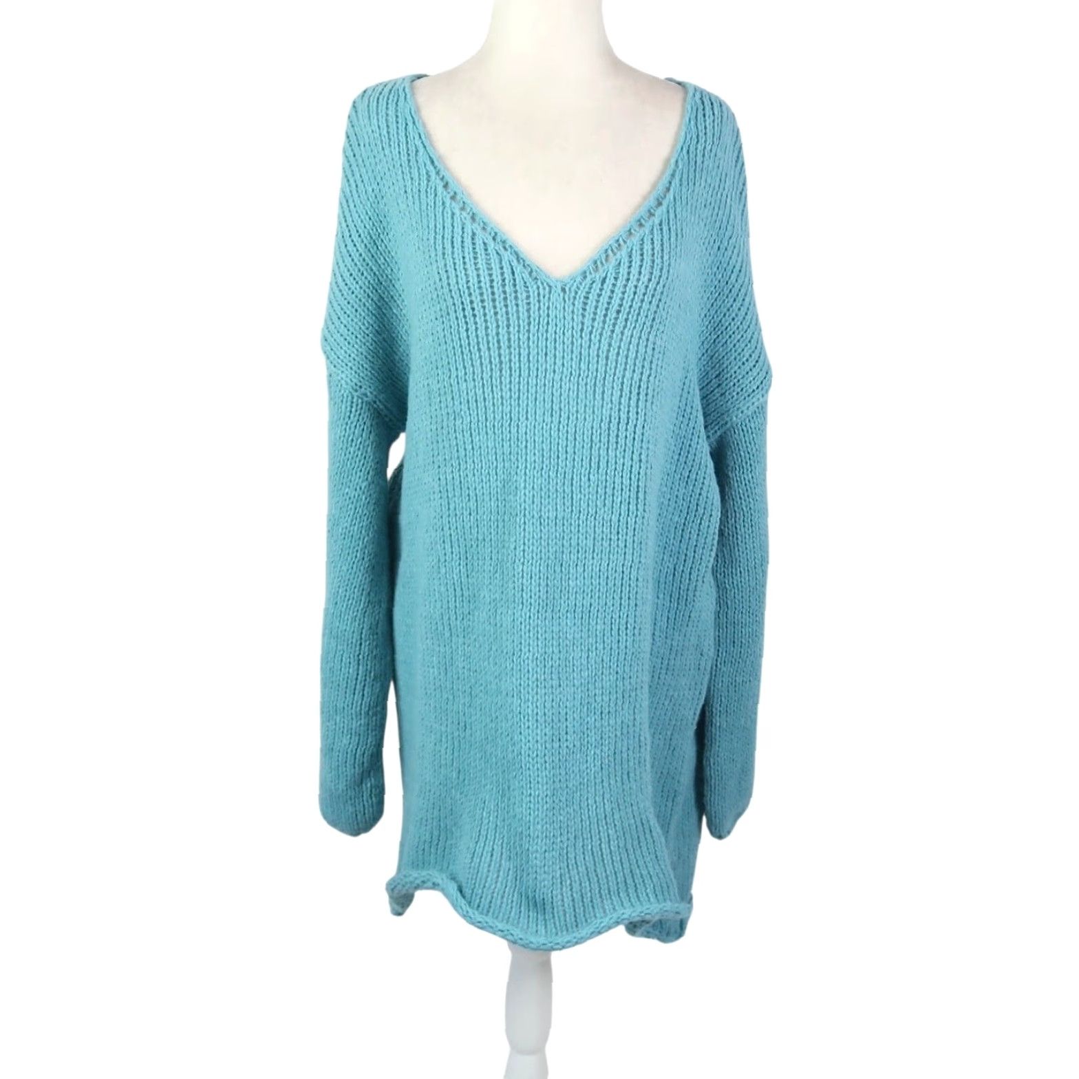 AQUA Aqua Blue Slouchy Knit V-Neck Tunic Sweater 3X Womens Pullover Long Sleeve Polyester Knit Solid Casual 3X Size XXL / US 16-18 / IT 52-54 - 2 Thumbnail