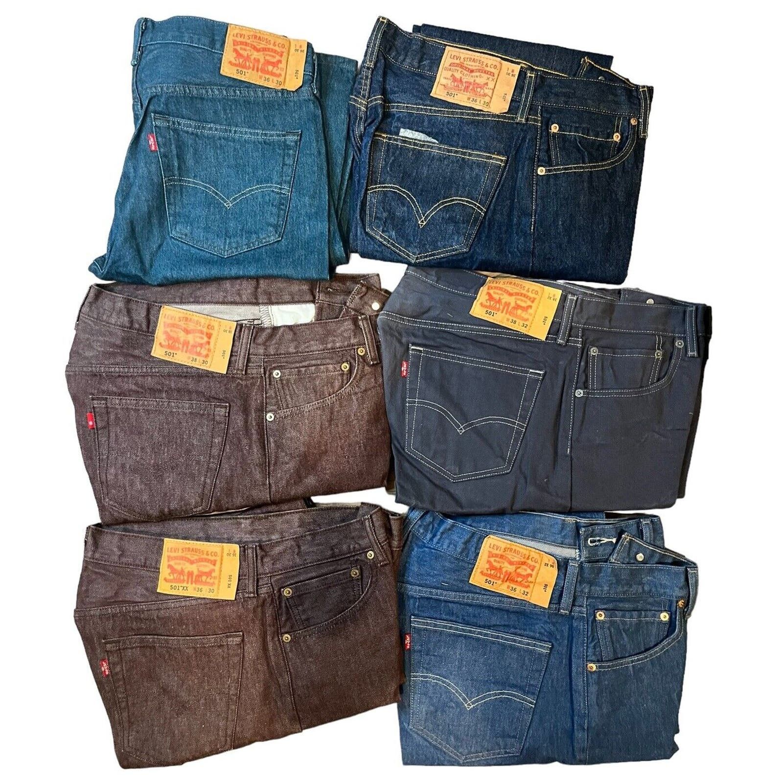 image of Lot Of 6 Pairs Levis 501 Original Fit Jeans Straight Button in Blue, Men's (Size 36)