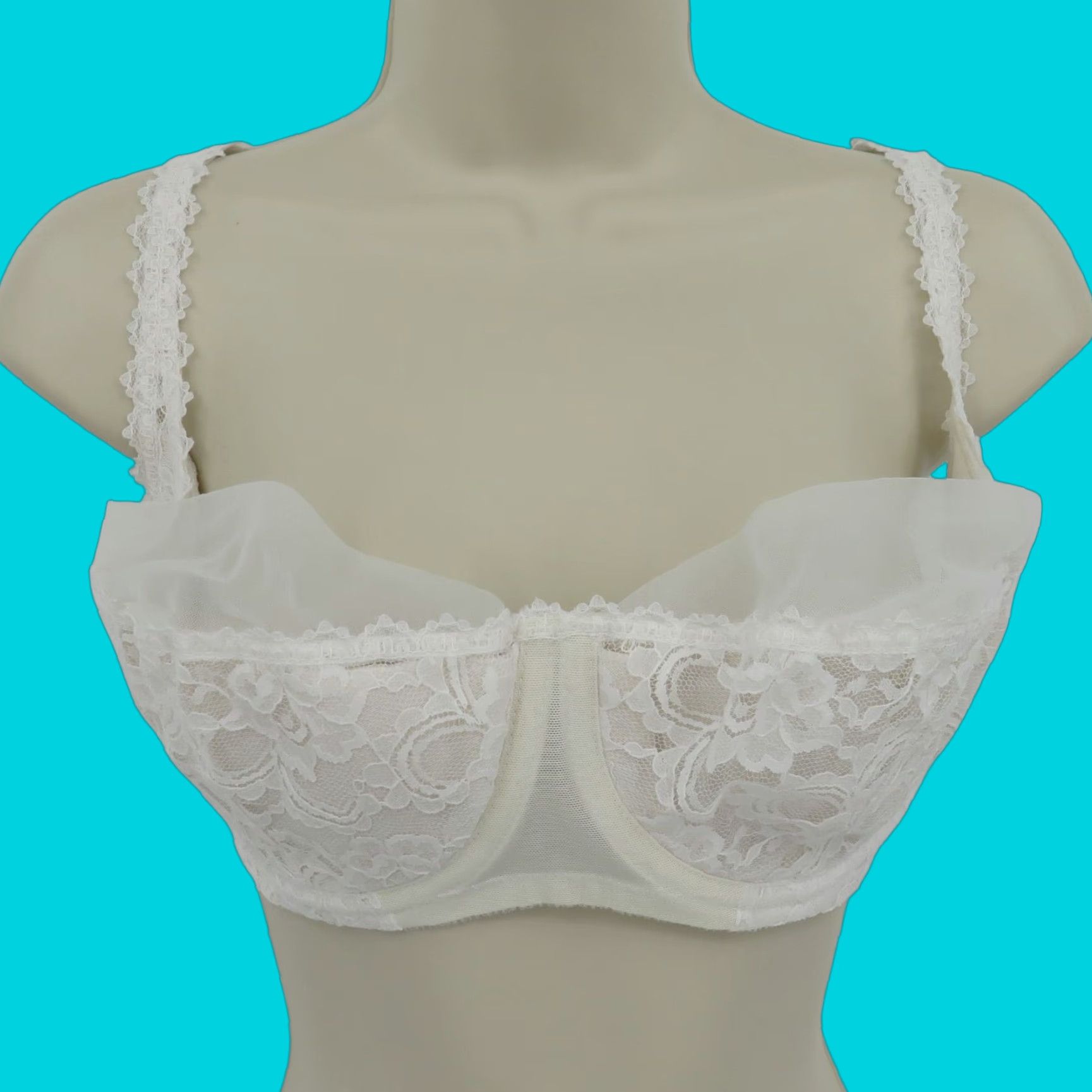 Vintage VINTAGE Jezebel Bra Balconette 38D 38DD White Floral Lace Tulle Underwire Nylon Blended Fabric 400 Hooks & Eye Womens Size ONE SIZE - 1 Thumbnail