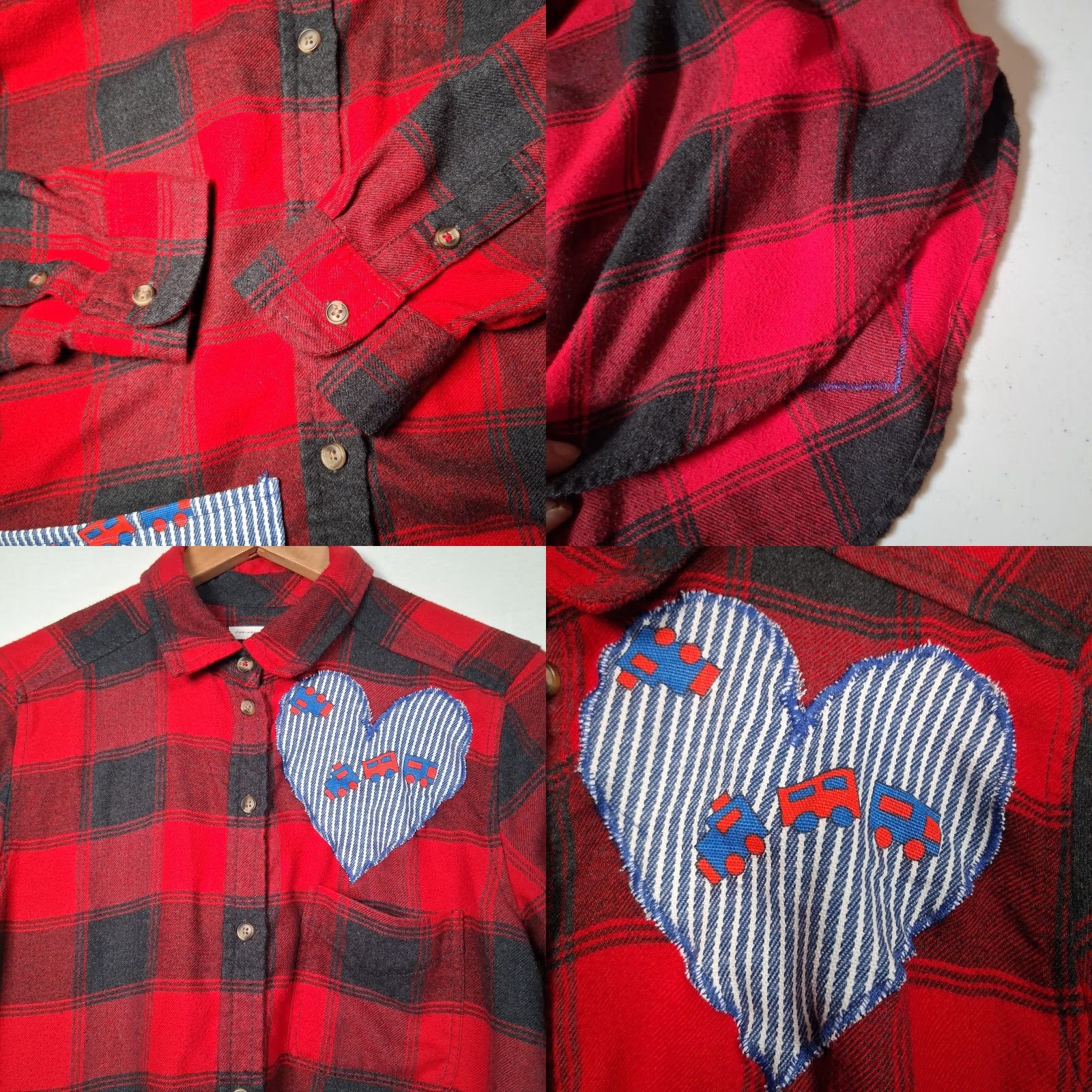 Vintage Reworked Flannel Shirt Women S Red Plaid Long Sleeve Button-Up Patches Upcycled Cozy OOAK Speech Heart Pocket Button-Up Shirt Size S / US 4 / IT 40 - 8 Thumbnail