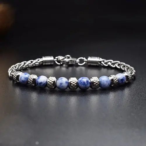 Handmade 6mm Blue Stone Beads Stainless Steel Bracelet Size ONE SIZE - 1 Thumbnail