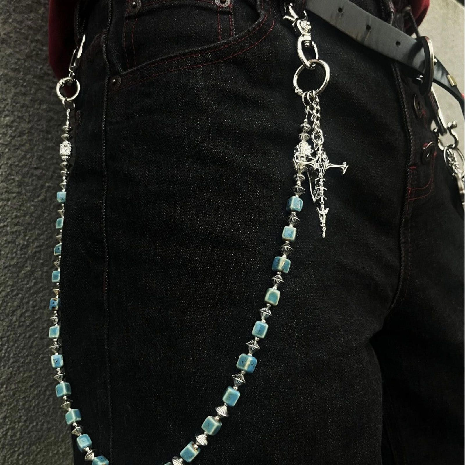 Jewelry Silver Blue Beaded Men’s Chain with Cross Pendant Size ONE SIZE - 1 Thumbnail