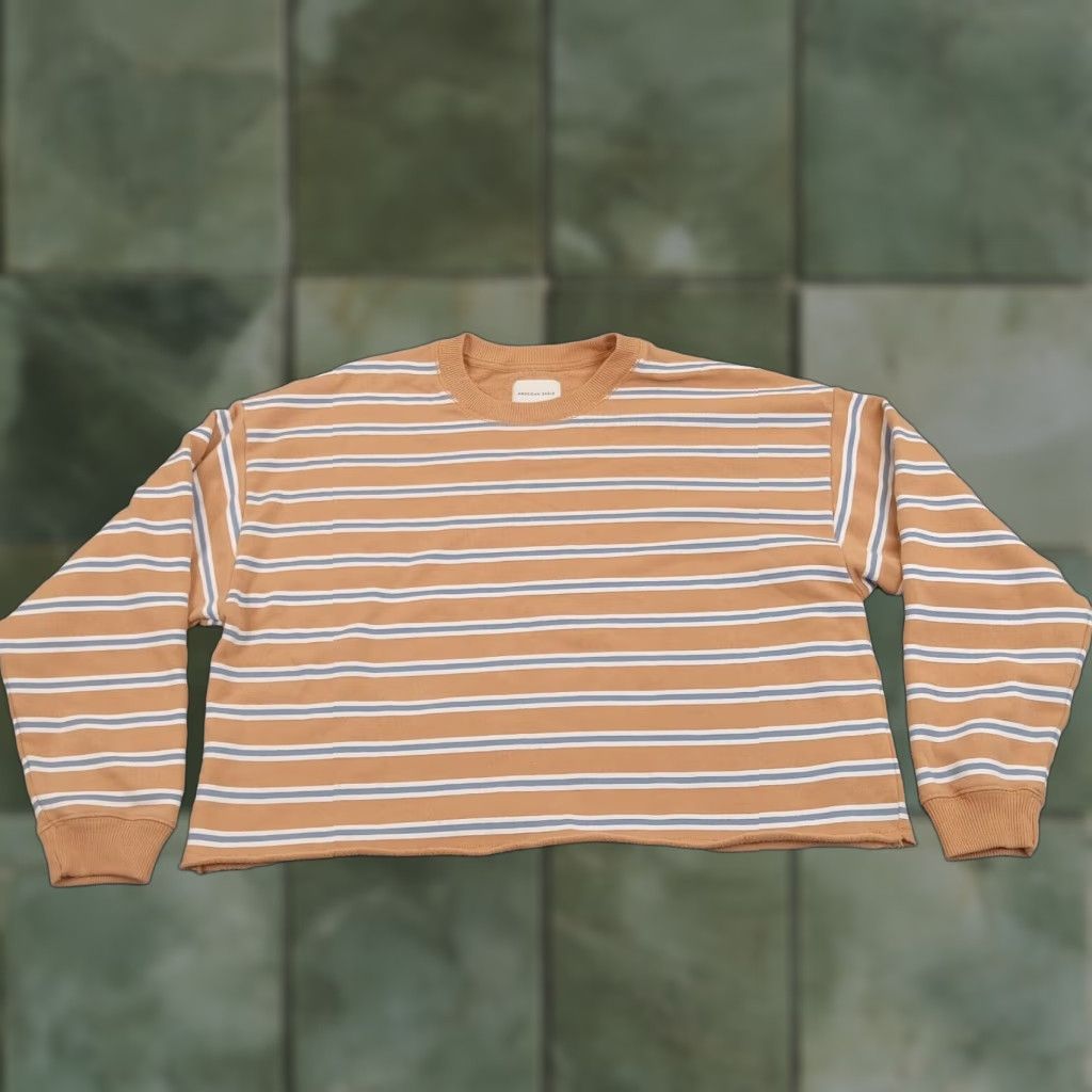 American Eagle Outfitters American Eagle Cropped Sweatshirt Womens Medium Orange Blue Striped Long Sleeve Oversized Easy Care Fall Spring Summer Winter Size M / US 6-8 / IT 42-44 - 1 Thumbnail