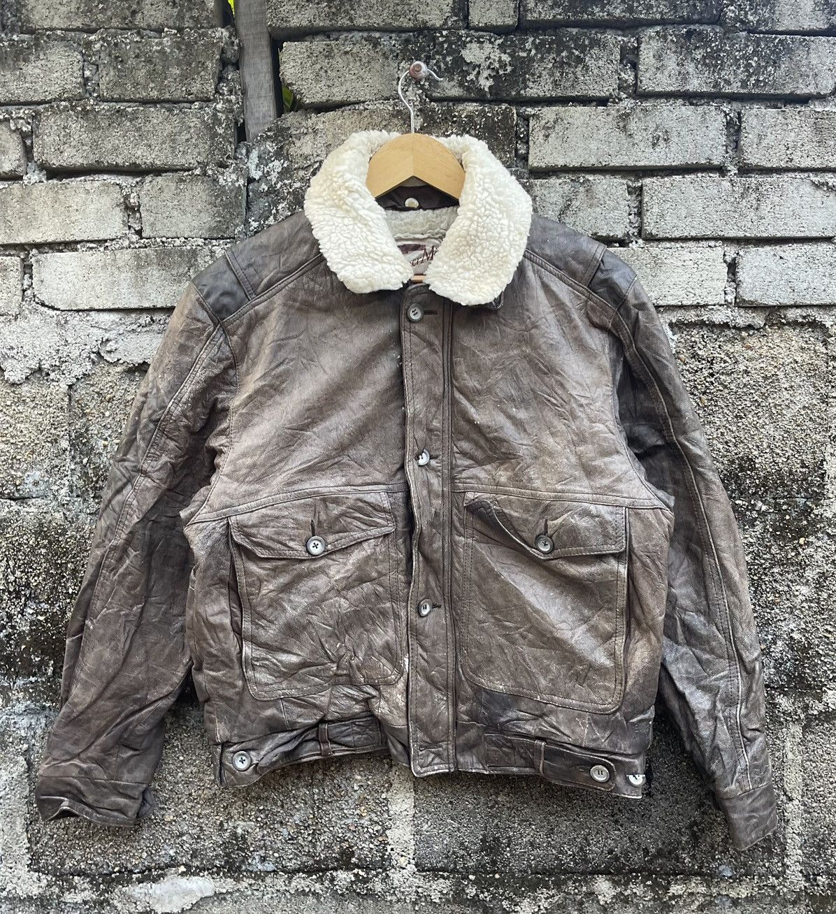 VTG 80s Clipper Mist Leather Bomber Jacket Faux Shearling