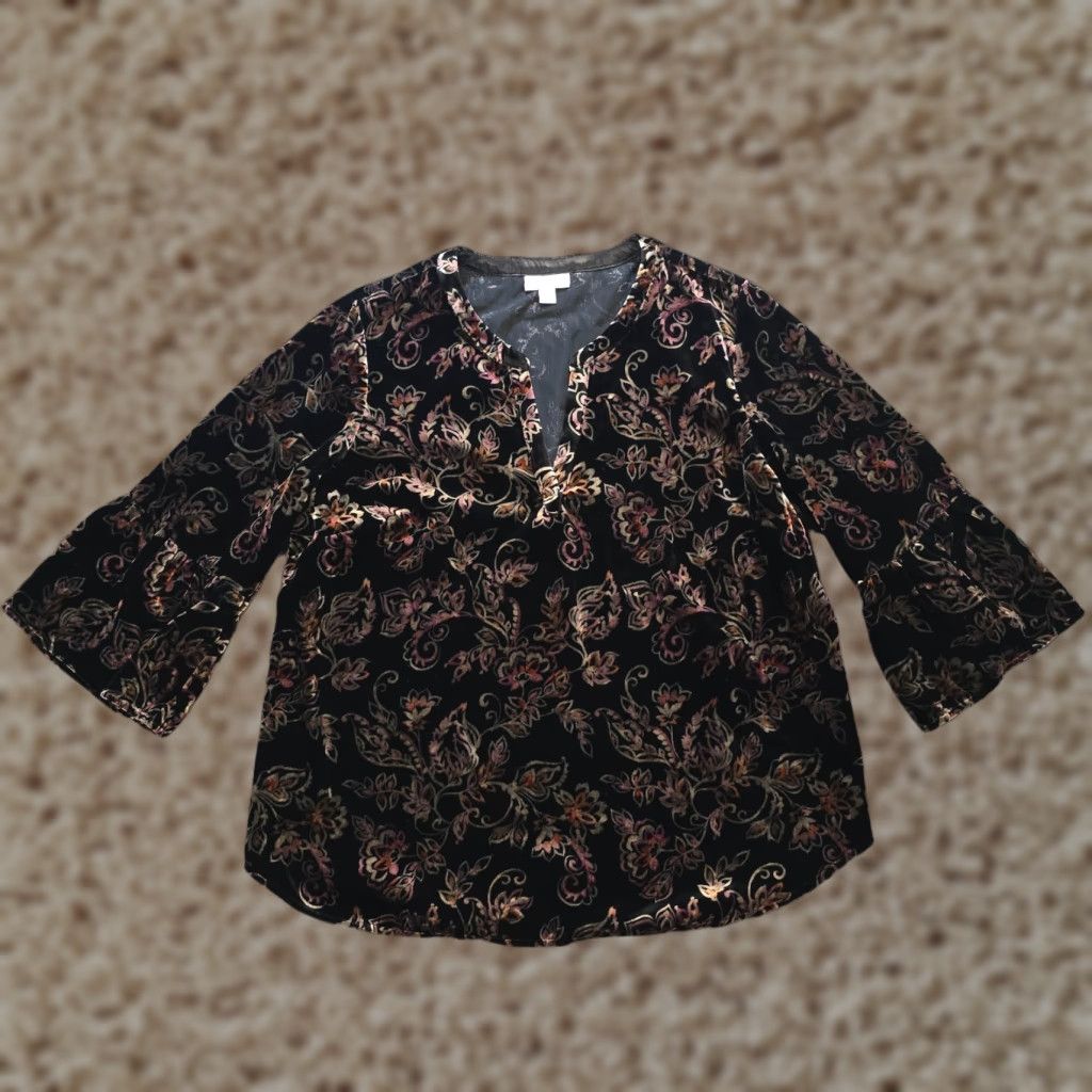 J. Jill J Jill Top Womens Small Black Floral Velour Stretch Bell Sleeve Causal Career Size S / US 4 / IT 40 - 1 Thumbnail