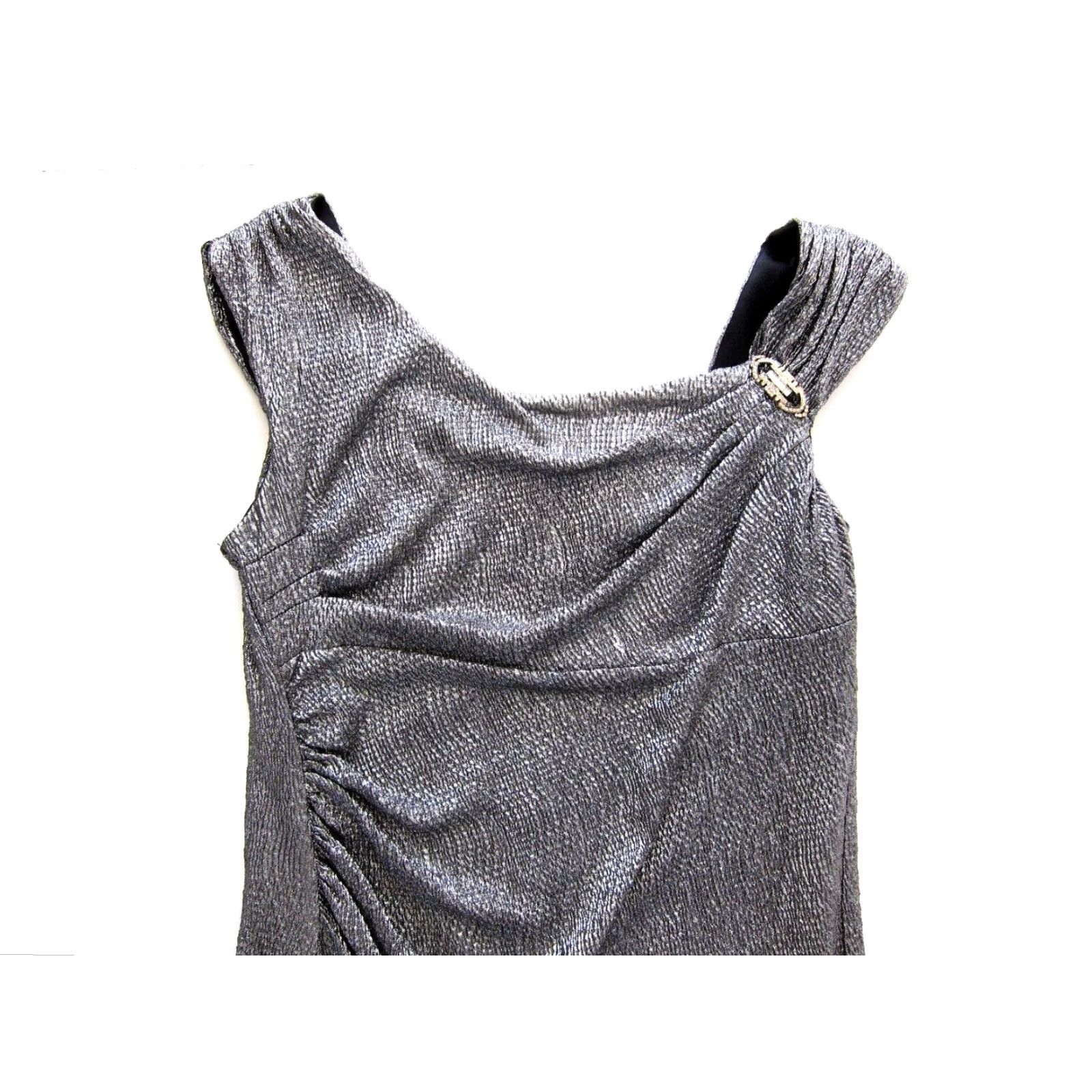 Vintage VINTAGE R&M Richards Silver Cap Sleeve Sheath Dress 12 Women's Dress Silver Ruched Stretch Cap Sleeve Midi Dress 12 Size XL / US 12-14 / IT 48-50 - 3 Thumbnail