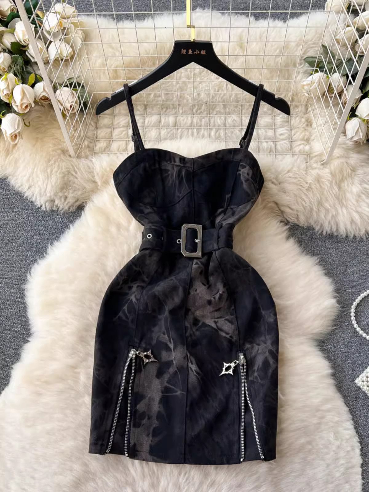 image of Vintage Hottie Style Zip-Up Hip Wrap Denim Halter Dress in Black, Women's (Size Medium)
