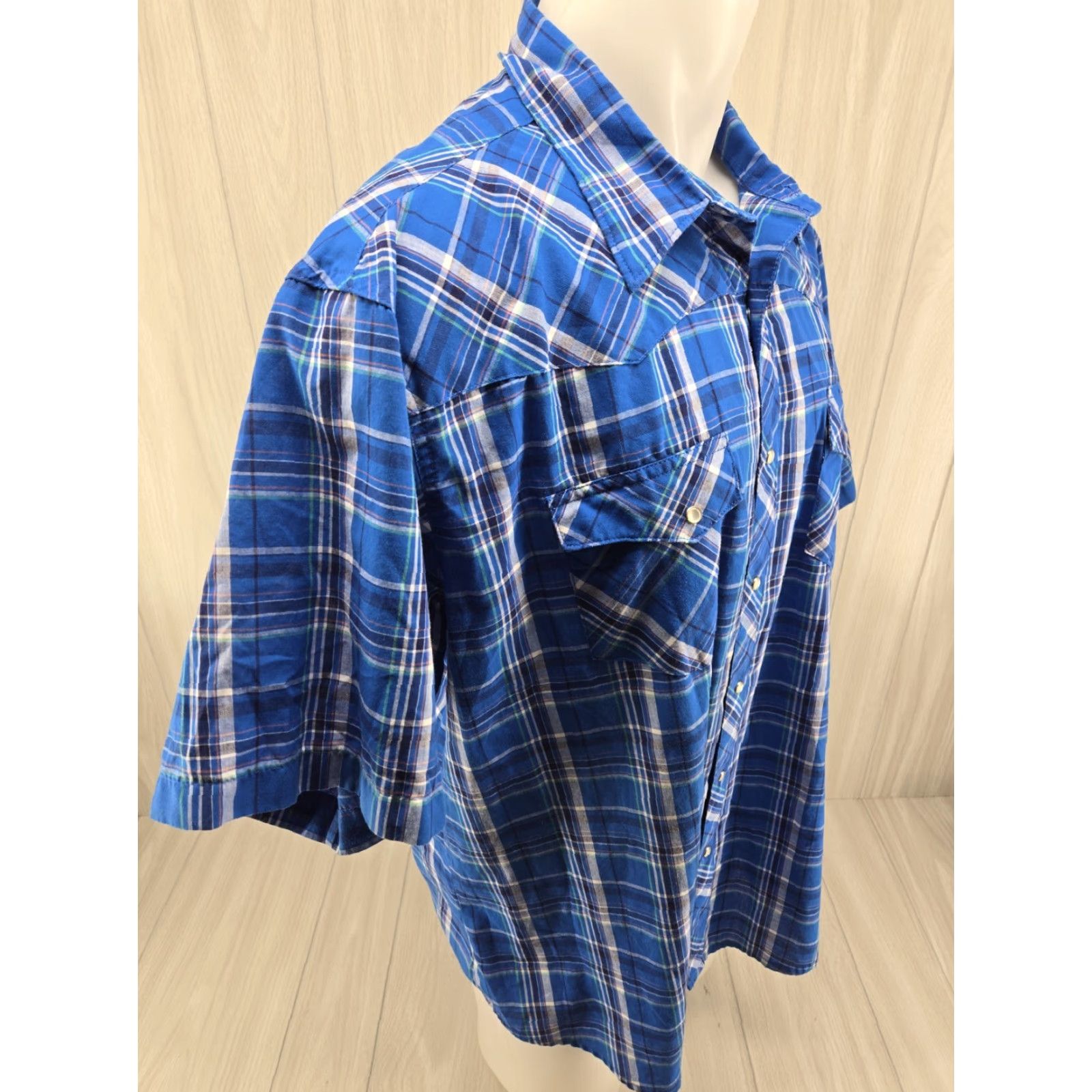 Wrangler VINTAGE Wrangler Wrancher Plaid Western Pearl Snap Short Sleeve Shirt XXL Blue Mens Size US XXL / EU 58 / 5 - 7 Thumbnail