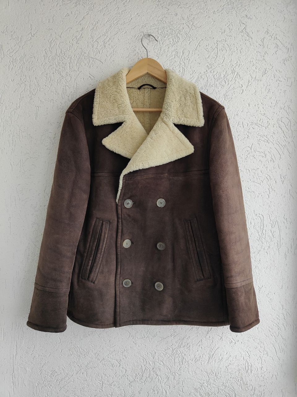 image of Jil Sander Sude Shearling Leather Peacoat Jacket in Brown, Men's (Size Medium)