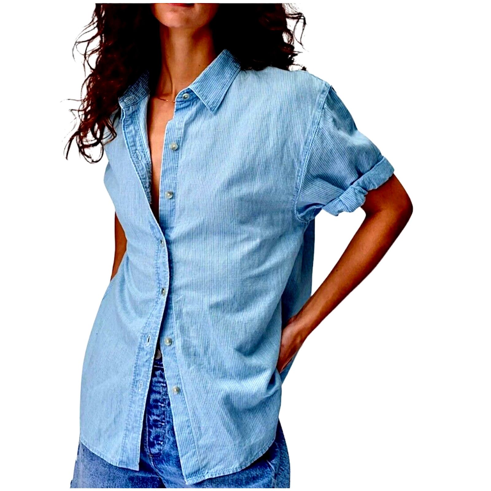 Aritzia Aritzia Community Blue White PinStripe The Jane Button Shirt Size XS / US 0-2 / IT 36-38 - 4 Thumbnail