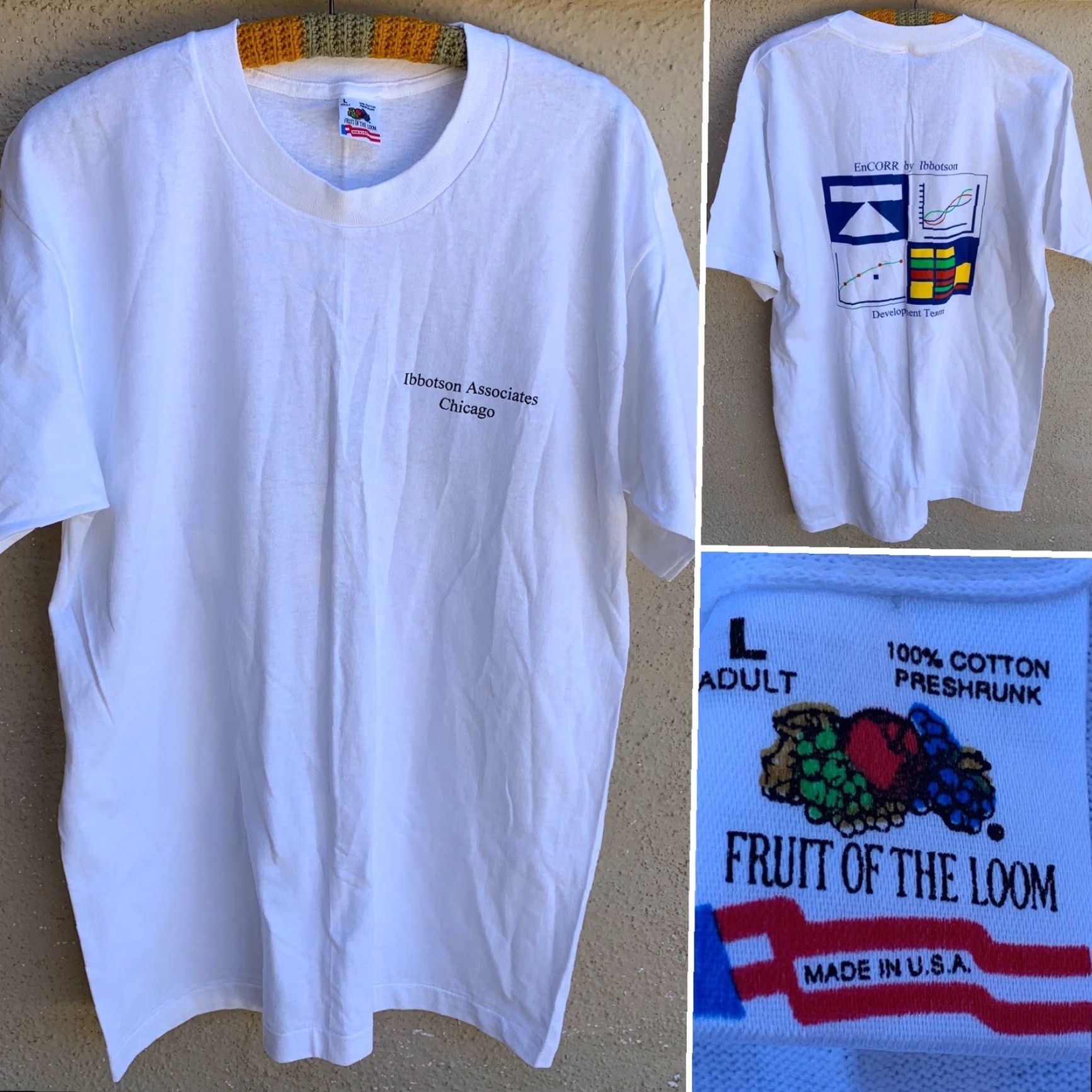 Fruit Of The Loom VINTAGE EnCORR by Ibbotson Development Team T-Shirt Unisex L 1990s White 100% Cotton Short Sleeve Graphic Tee USA Mens/Womens Size US L / EU 52-54 / 3 - 5 Thumbnail