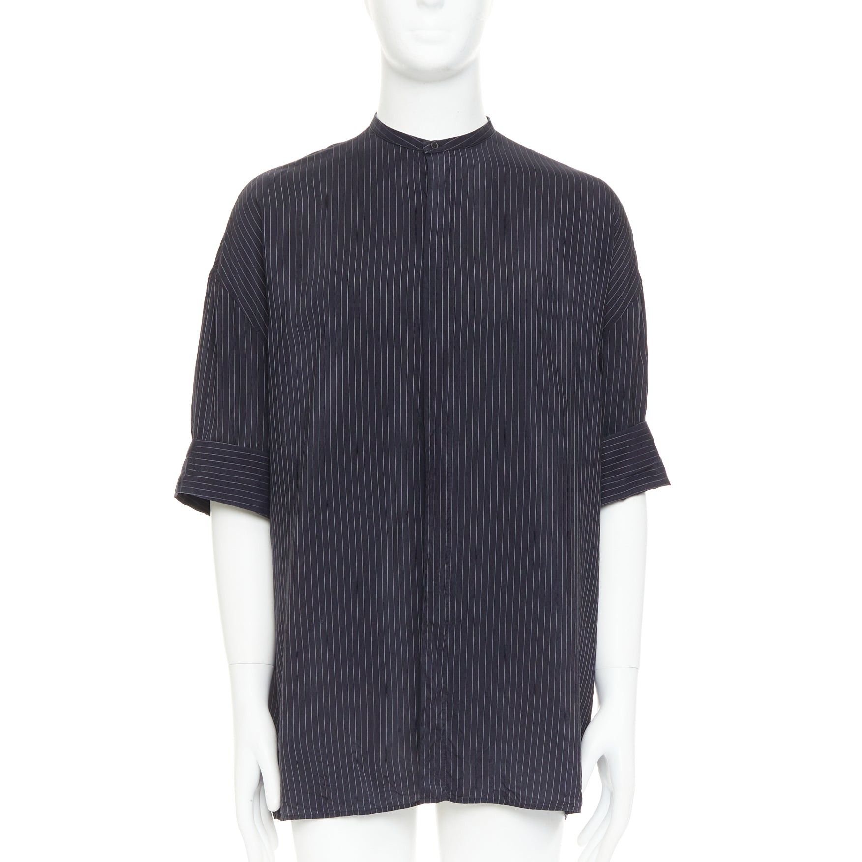 Haider Ackermann HAIDER ACKERMANN black pinstriped bishop collared half sleeve shirt S Size US S / EU 44-46 / 1 - 1 Thumbnail