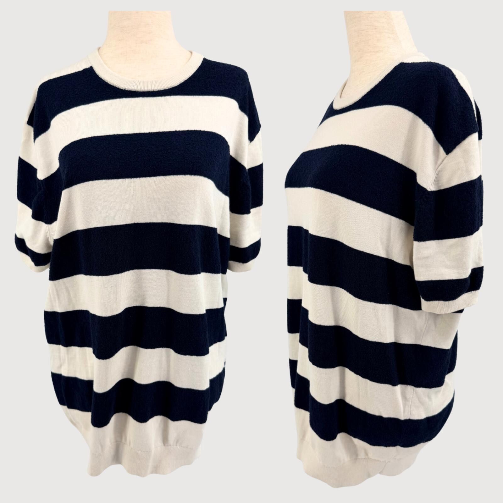 Massimo Dutti Terry Stripe Knit Top Navy Cream XL