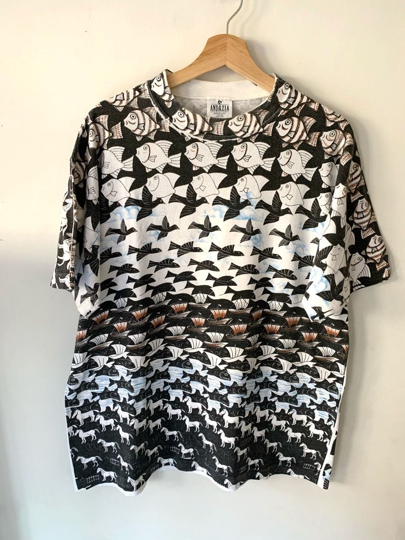 Vintage 90s MC Escher All Over Print TShirt ART Tee L USA