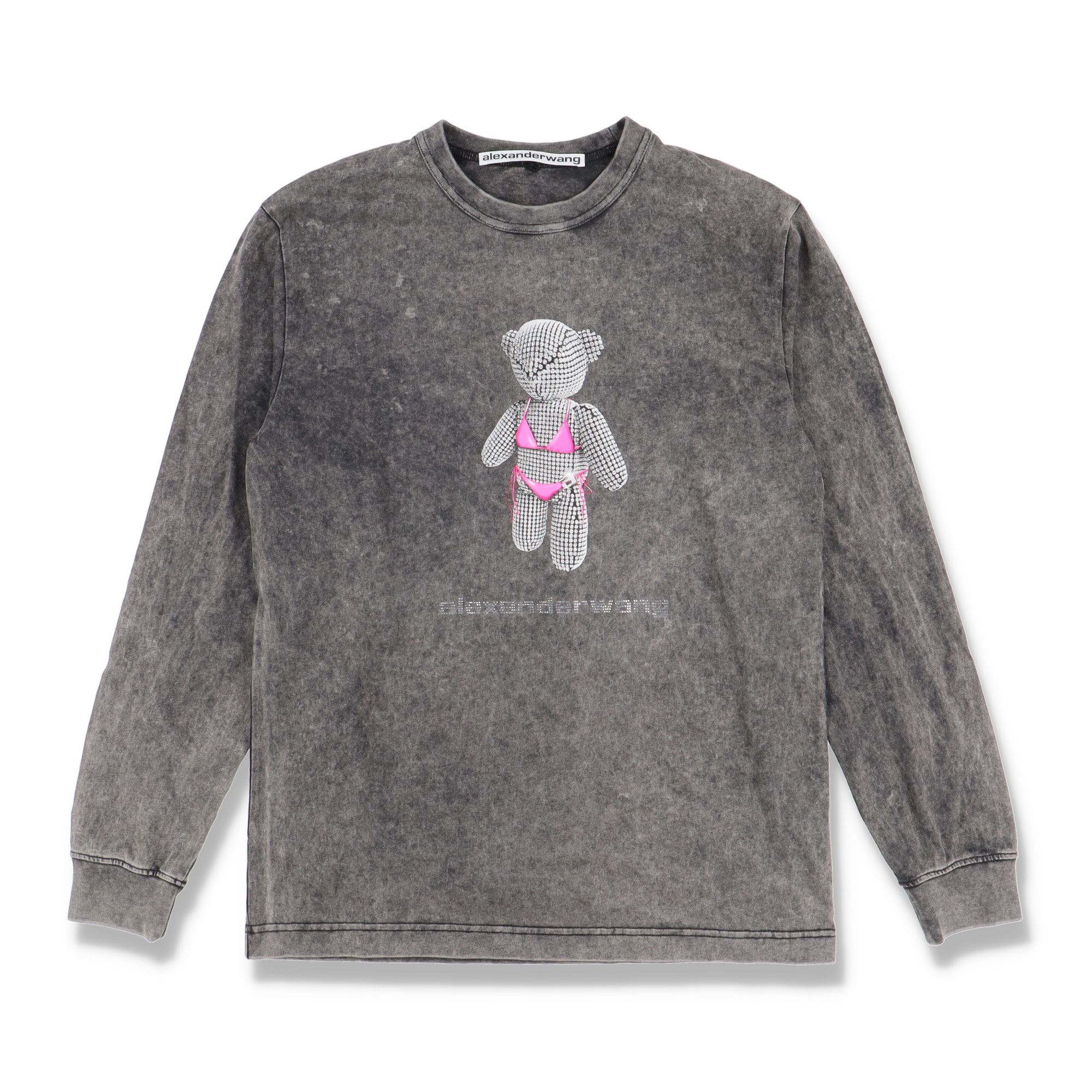 image of Alexander Wang Grey Acid Wash Teddy Bear Logo Long Sleeve T-Shirt, Women's (Size Small)